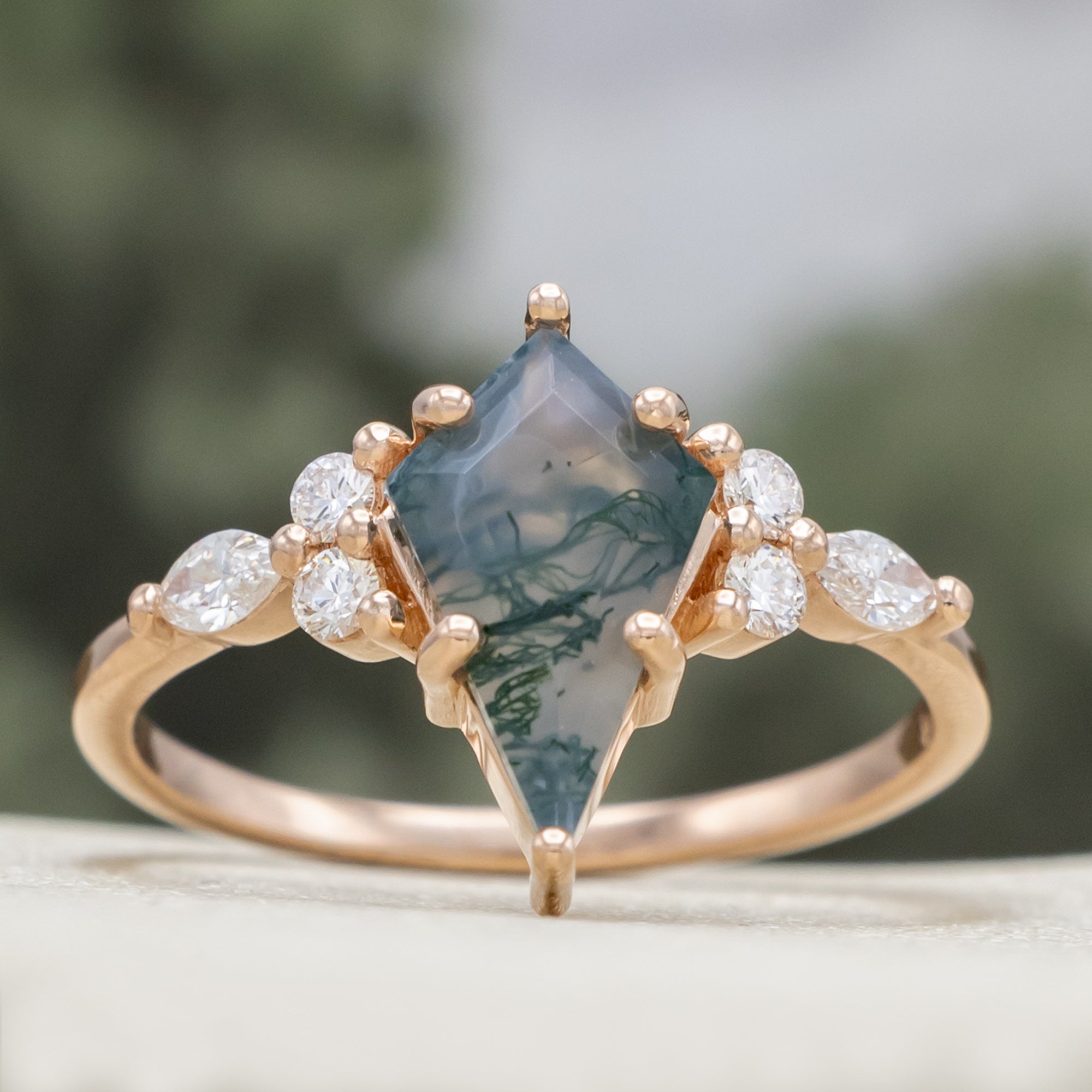 "SAGE" - BRIDAL SUITE - KITE CUT MOSS AGATE ENGAGEMENT RING WITH DIAMOND ACCENTS & TRACERS-Staghead Designs
