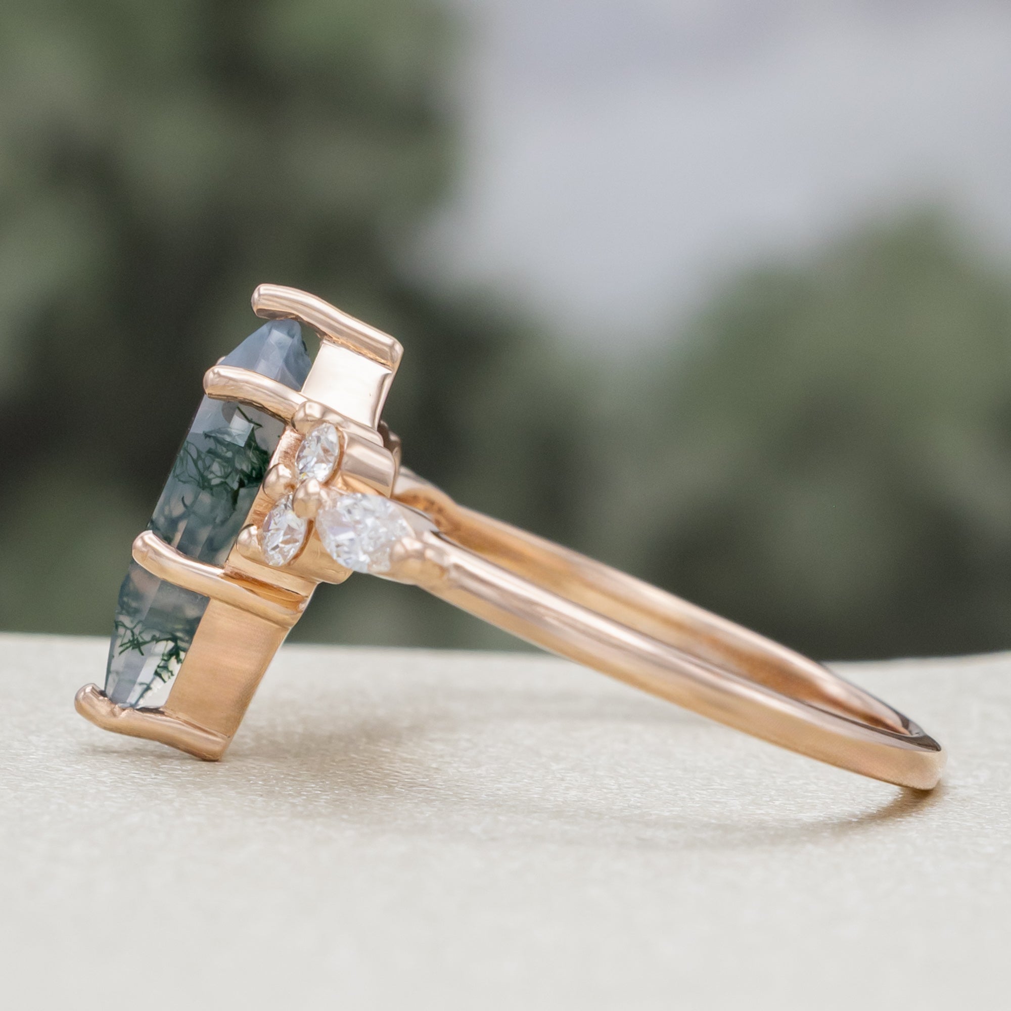 "SAGE" - BRIDAL SUITE - KITE CUT MOSS AGATE ENGAGEMENT RING WITH DIAMOND ACCENTS & TRACERS-Staghead Designs