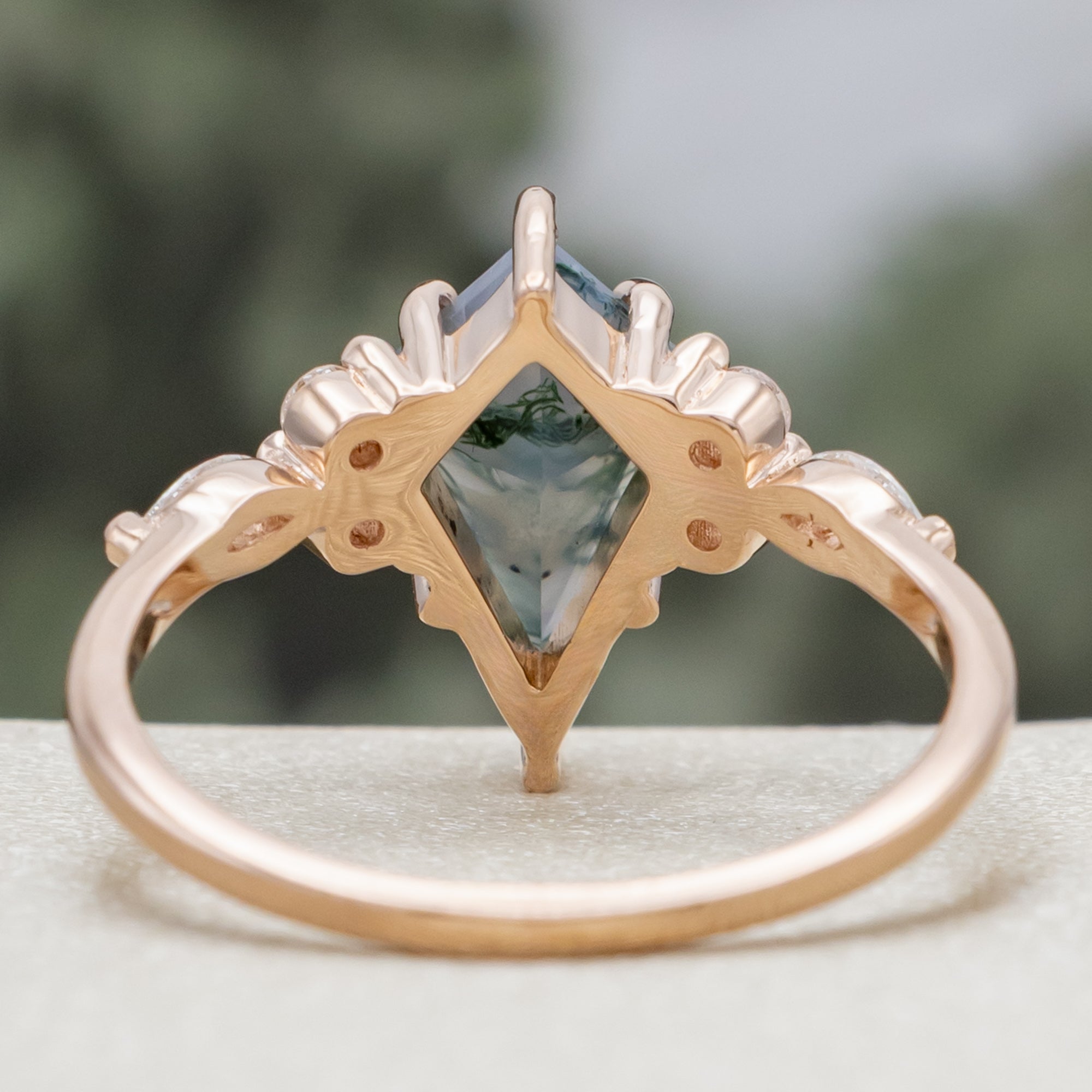 "SAGE" - BRIDAL SUITE - KITE CUT MOSS AGATE ENGAGEMENT RING WITH DIAMOND ACCENTS & TRACERS-Staghead Designs