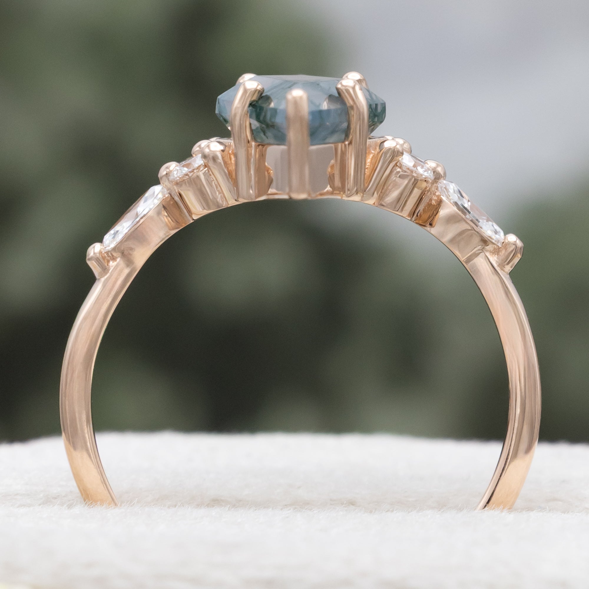 "SAGE" - BRIDAL SUITE - KITE CUT MOSS AGATE ENGAGEMENT RING WITH DIAMOND ACCENTS & TRACERS-Staghead Designs