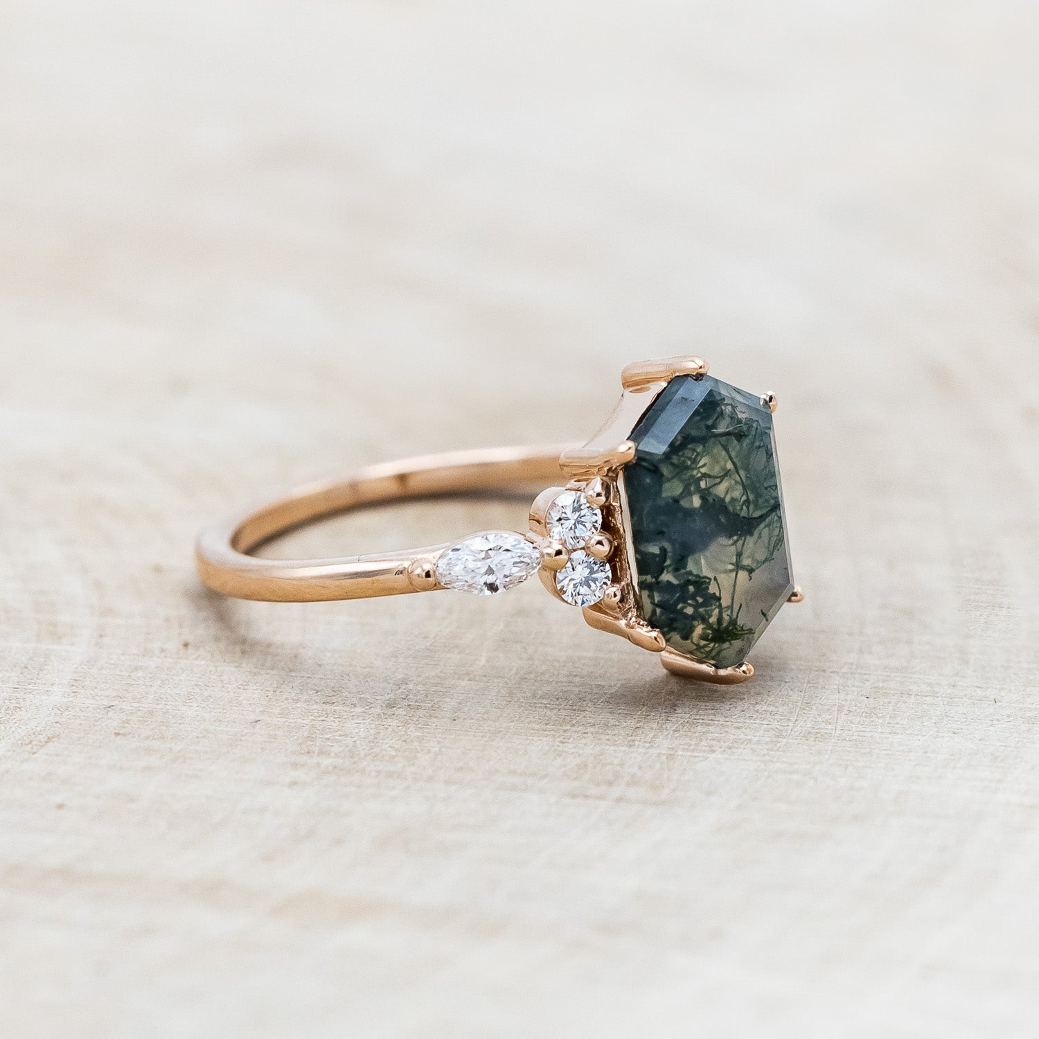 "SAGE" - ELONGATED HEXAGON CUT MOSS AGATE ENGAGEMENT RING WITH DIAMOND ACCENTS-Staghead Designs