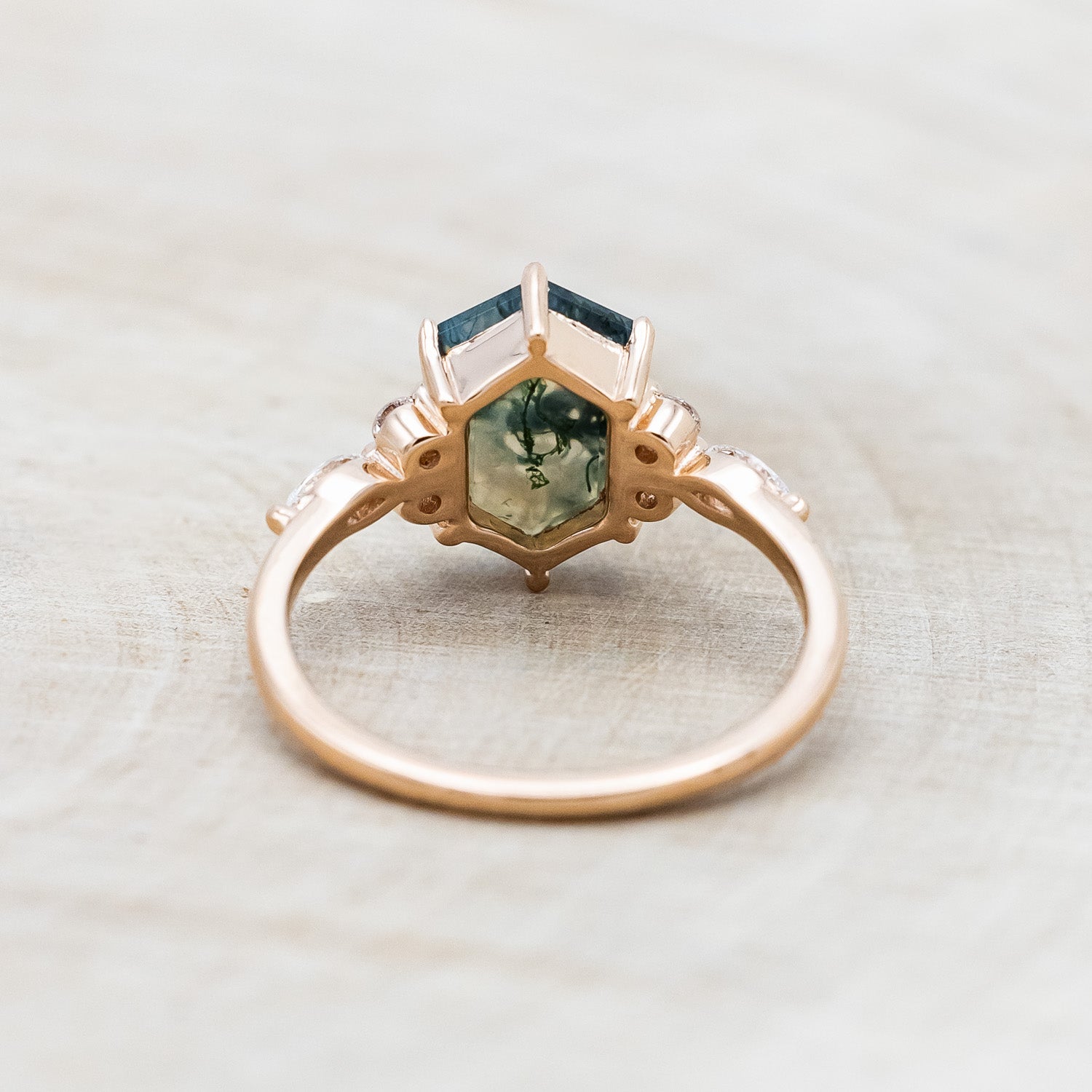 "SAGE" - ELONGATED HEXAGON CUT MOSS AGATE ENGAGEMENT RING WITH DIAMOND ACCENTS-Staghead Designs