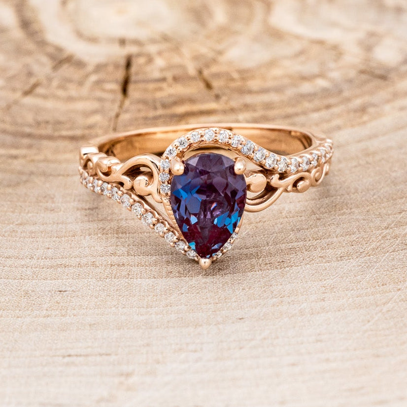 "SCARLET" - PEAR-SHAPED LAB-GROWN ALEXANDRITE ENGAGEMENT RING WITH DIAMOND ACCENTS-4