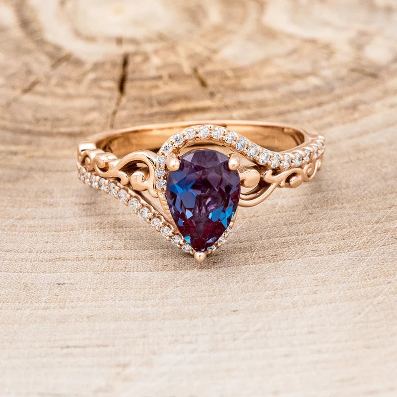 "Scarlet" - Pear Cut Lab-Grown Alexandrite Engagement Ring With Diamond Accents - 14K Rose Gold - Size 5 1/2