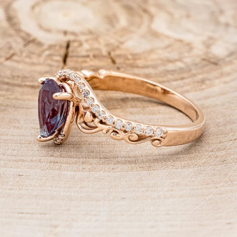 "Scarlet" - Pear Cut Lab-Grown Alexandrite Engagement Ring With Diamond Accents - 14K Rose Gold - Size 5 1/2