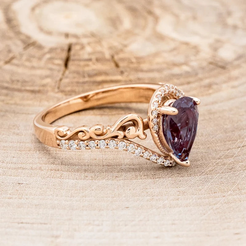 "Scarlet" - Pear Cut Lab-Grown Alexandrite Engagement Ring With Diamond Accents - 14K Rose Gold - Size 5 1/2