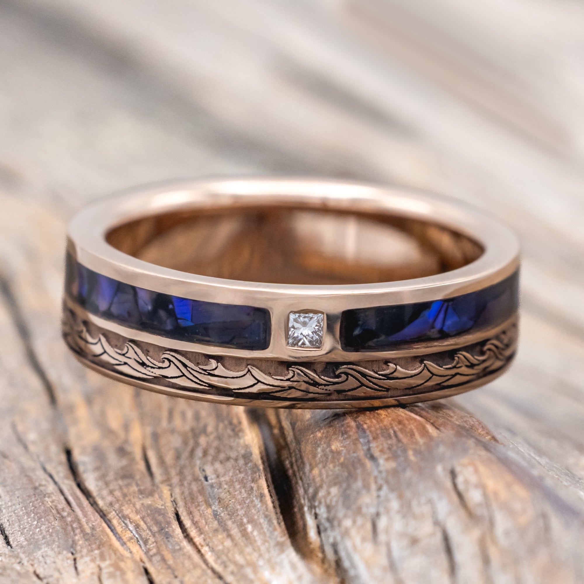 "SEBASTIAN" - WAVE ENGRAVED WEDDING BAND WITH DIAMOND AND PAUA SHELL INLAY-Staghead Designs