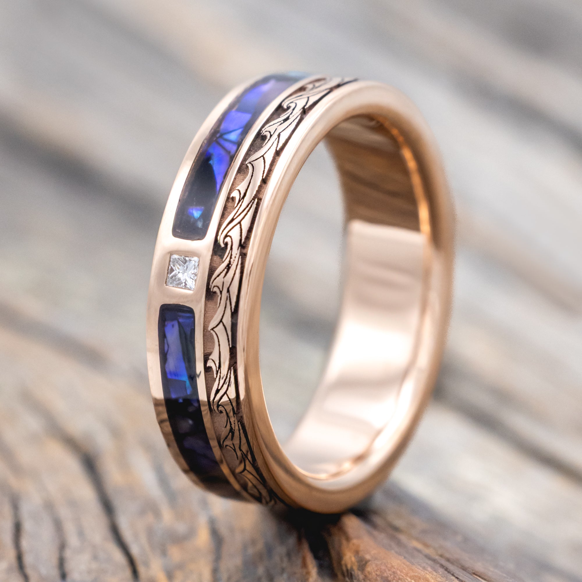 "SEBASTIAN" - WAVE ENGRAVED WEDDING BAND WITH DIAMOND AND PAUA SHELL INLAY-Staghead Designs