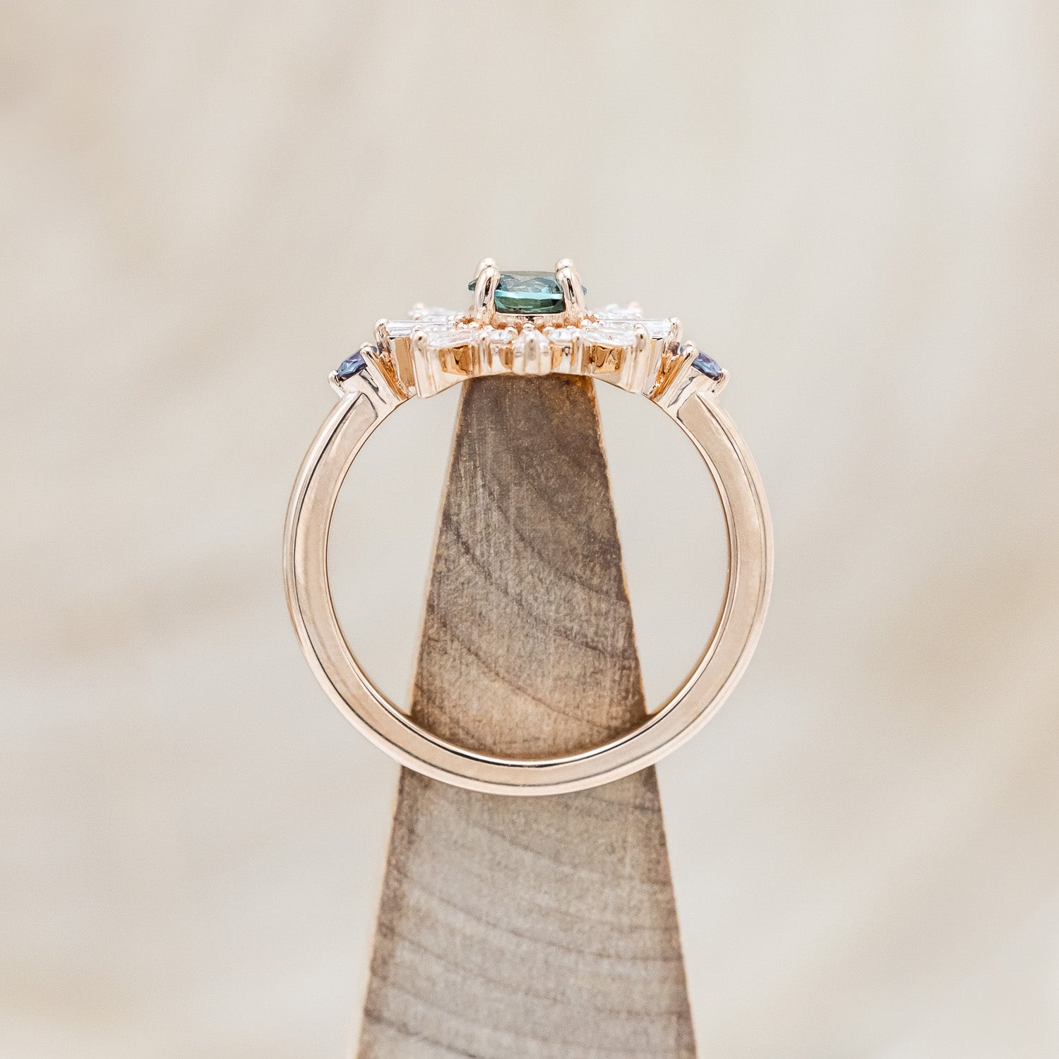 "SEREN" - ROUND CUT MONTANA SAPPHIRE ENGAGEMENT RING WITH DIAMOND HALO & SIDE LAB-GROWN ALEXANDRITE ACCENTS-Staghead Designs