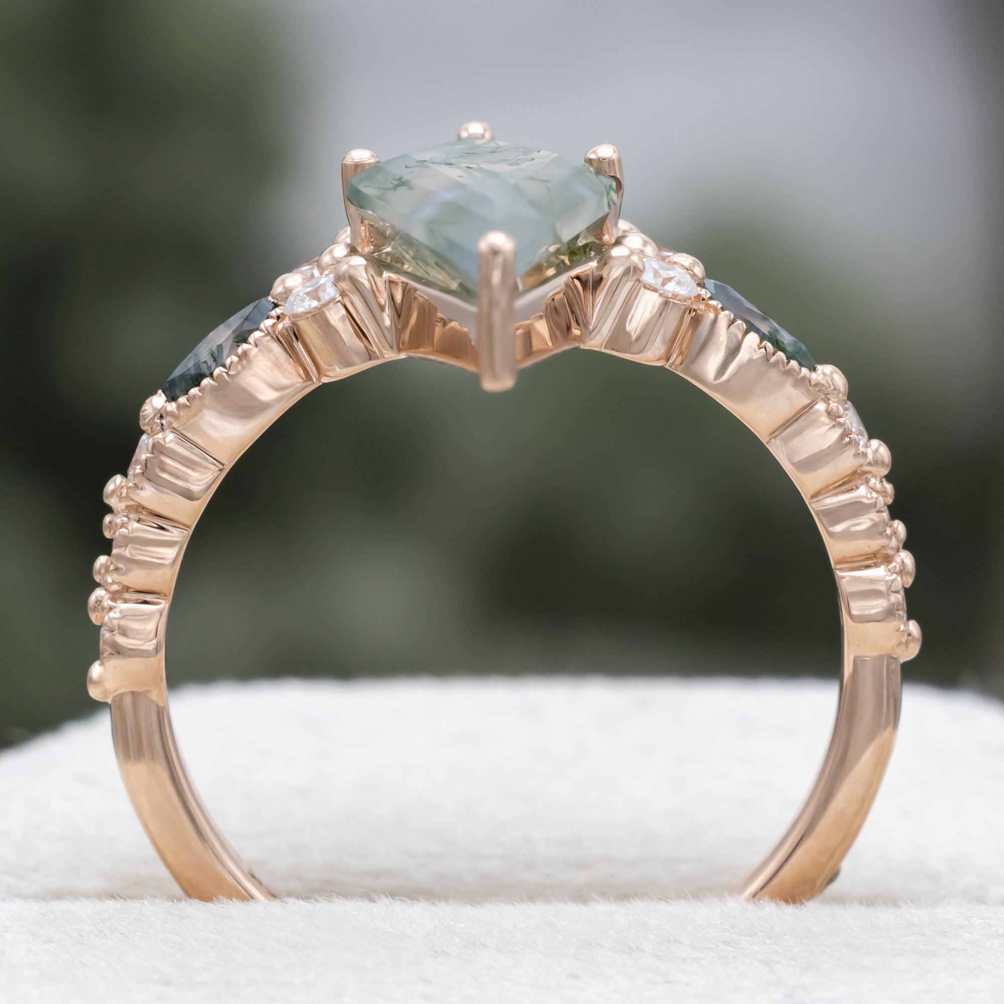 "Shimmering Sage" - Bridal Suite - Kite Cut Moss Agate Engagement Ring With Marquise Moss Agate Accents & A Diamond Tracer-Staghead Designs
