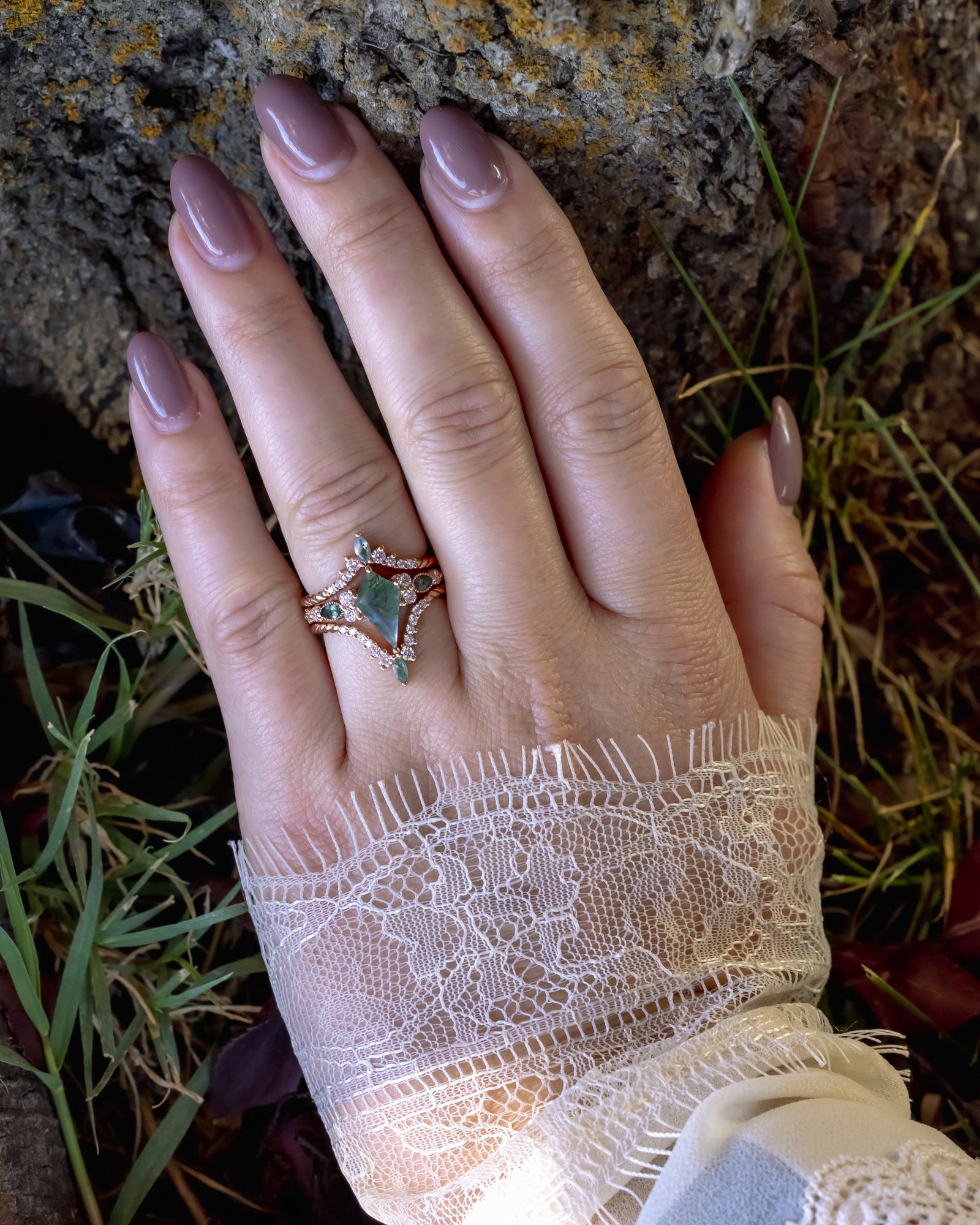 "Shimmering Sage" - Bridal Suite - Kite Cut Moss Agate Engagement Ring With Marquise Moss Agate Accents & A Diamond Tracer-Staghead Designs