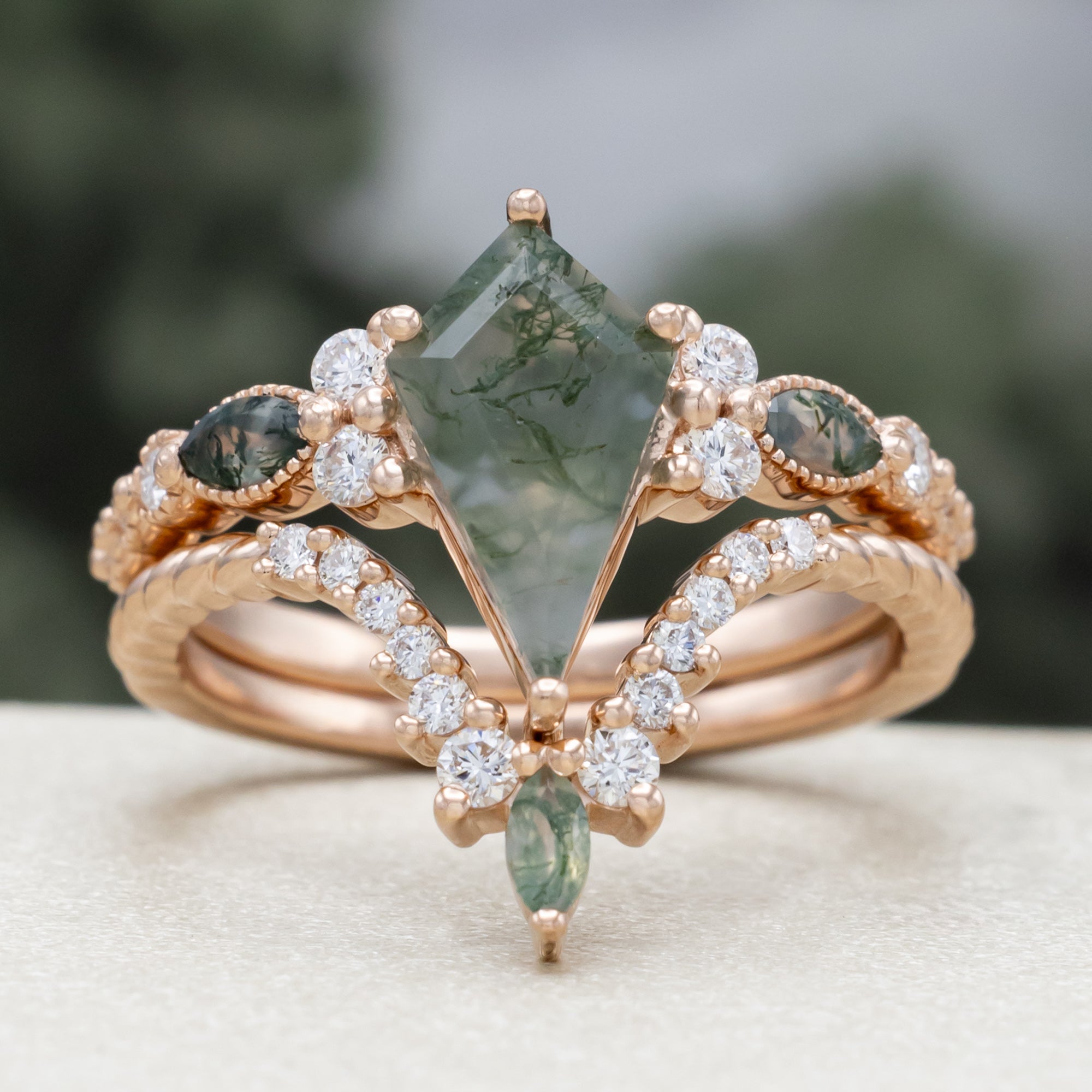 "Shimmering Sage" - Bridal Suite - Kite Cut Moss Agate Engagement Ring With Marquise Moss Agate Accents & A Diamond Tracer-Staghead Designs