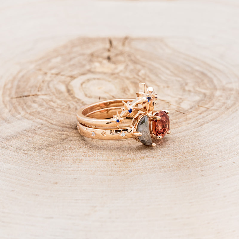 "SIDRA" - TOI ET MOI ROUND OREGON SUNSTONE ENGAGEMENT RING WITH A CRESCENT MOON SALT & PEPPER DIAMOND ACCENT & TRACER-2