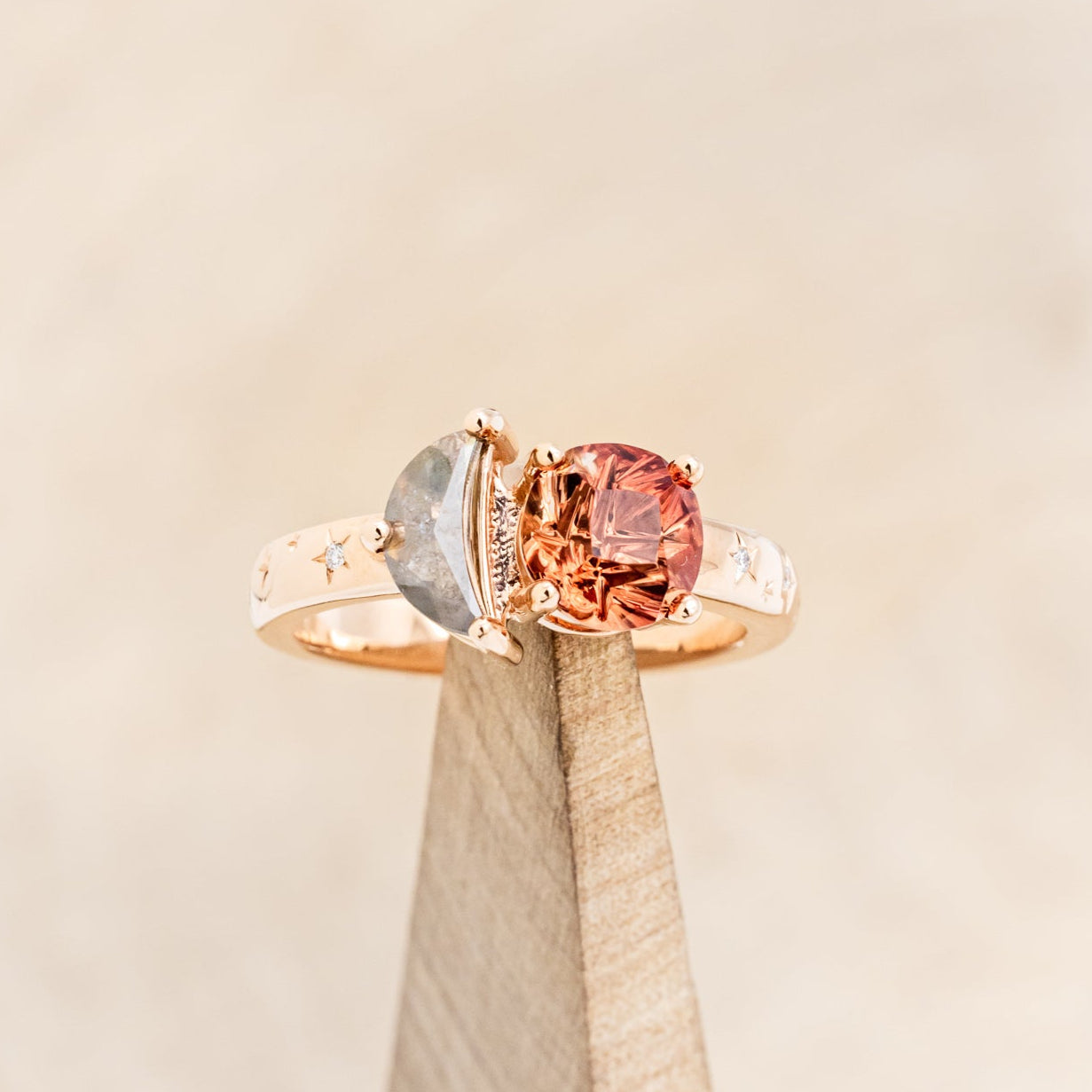 "SIDRA" - TOI ET MOI ROUND CUT OREGON SUNSTONE ENGAGEMENT RING WITH A CRESCENT MOON ACCENT & TRACER-Staghead Designs