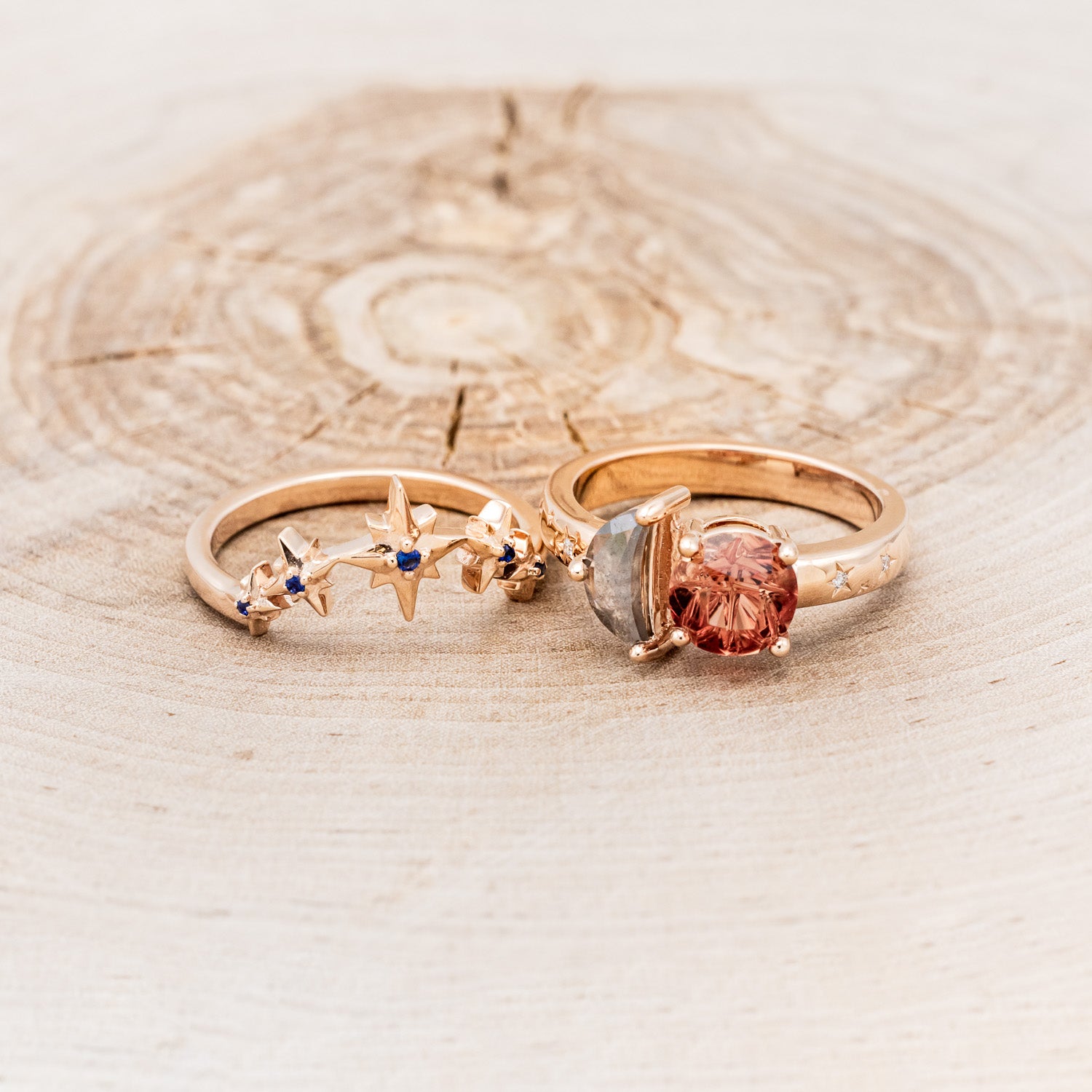"SIDRA" - TOI ET MOI ROUND CUT OREGON SUNSTONE ENGAGEMENT RING WITH A CRESCENT MOON ACCENT & TRACER-Staghead Designs