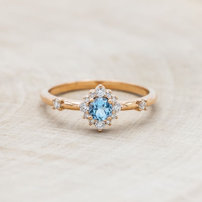 "STARLA" - ROUND CUT BLUE TOPAZ ENGAGEMENT RING WITH STARBURST DIAMOND HALO-Staghead Designs