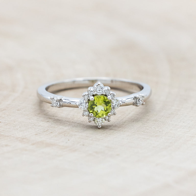 "STARLA" - ROUND CUT PERIDOT ENGAGEMENT RING WITH STARBURST DIAMOND HALO-Staghead Designs