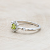 "STARLA" - ROUND CUT PERIDOT ENGAGEMENT RING WITH STARBURST DIAMOND HALO-Staghead Designs