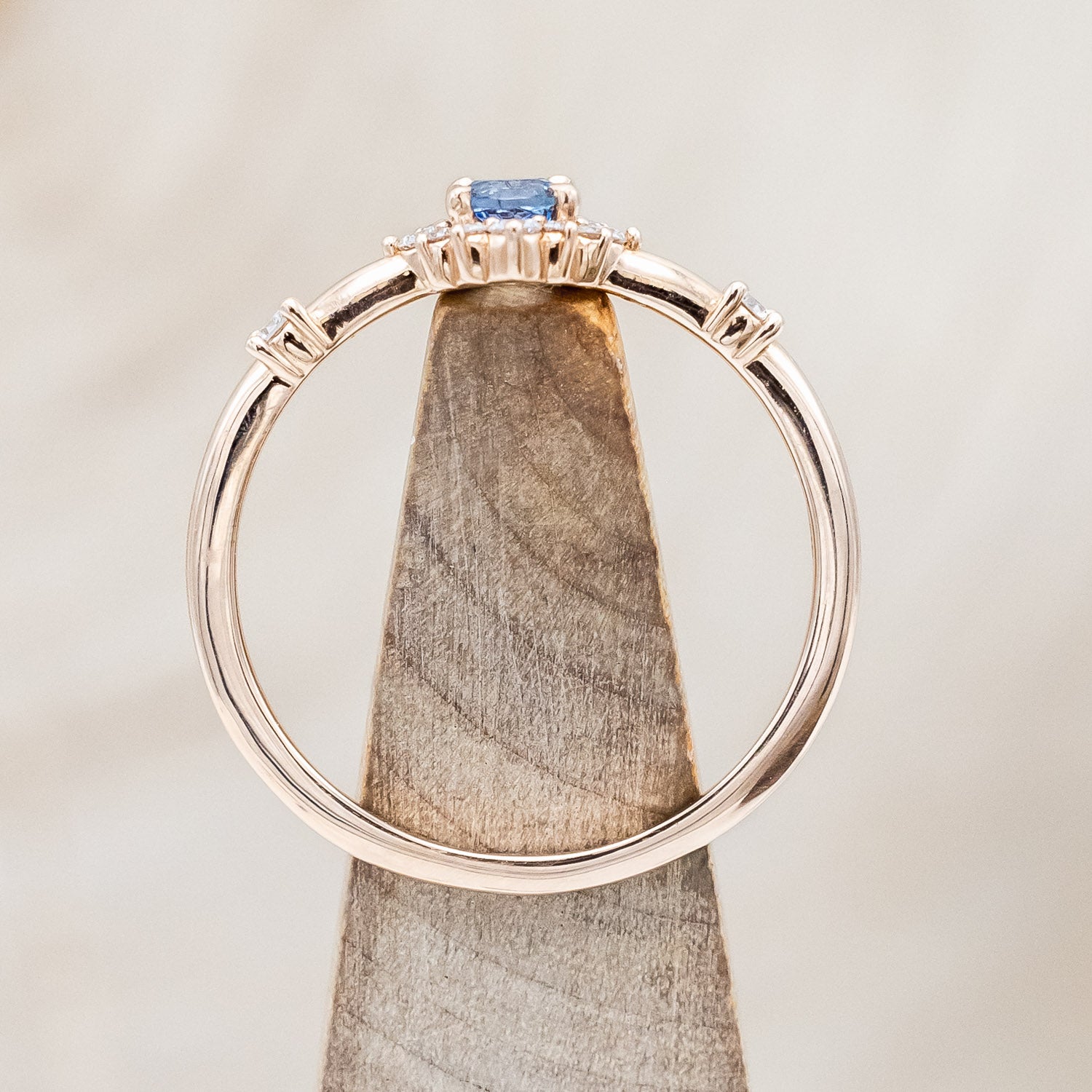 "Starla" - Aquamarine Engagement Ring With Starburst Diamond Halo & Contoured Tracer-Staghead Designs