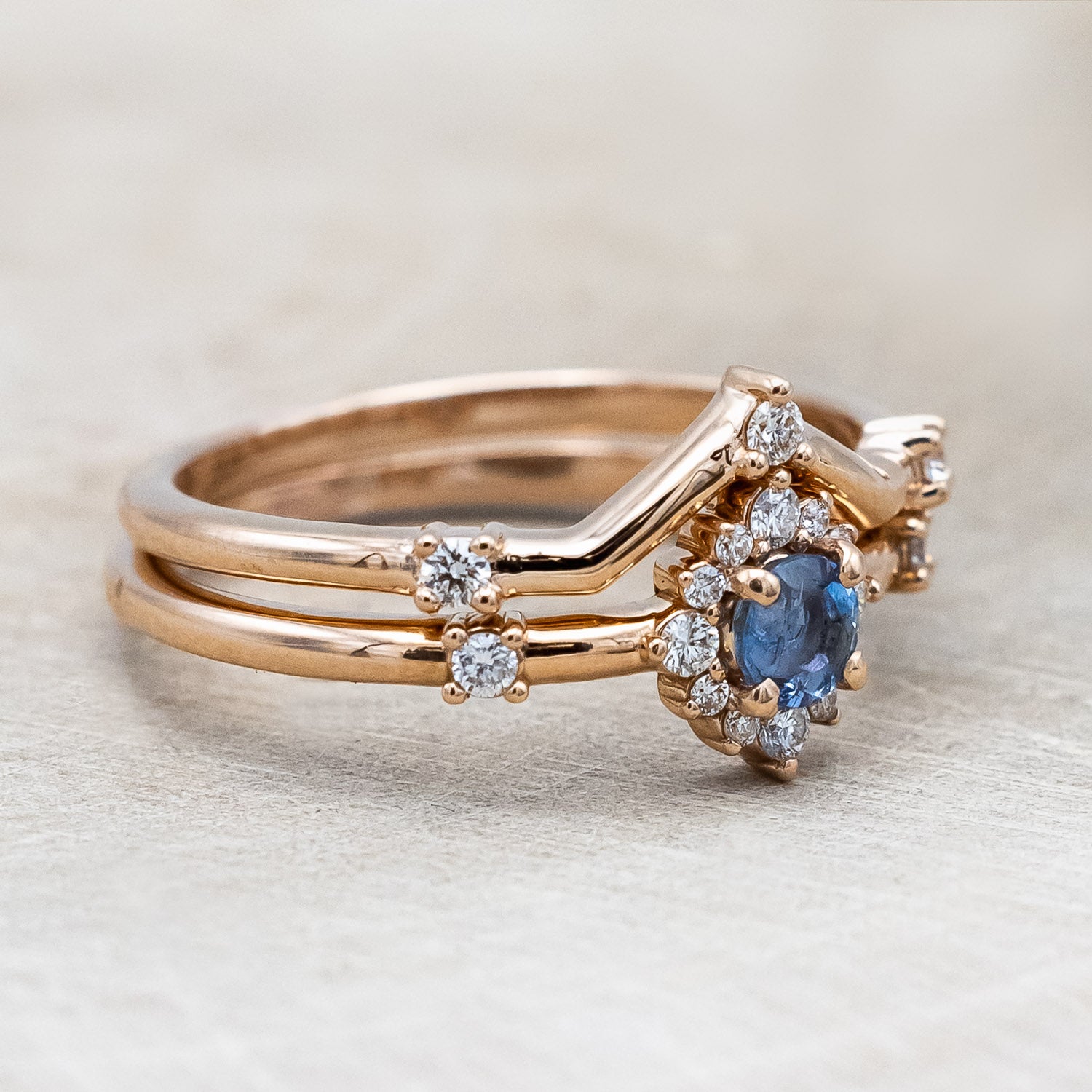 "Starla" - Aquamarine Engagement Ring With Starburst Diamond Halo & Contoured Tracer-Staghead Designs