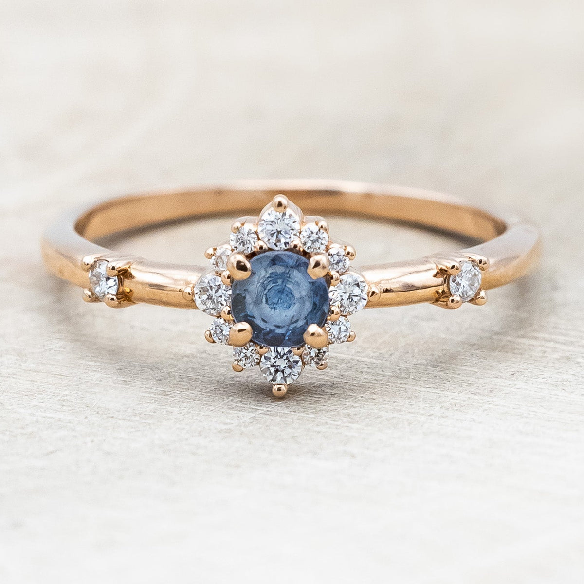 "Starla" - Aquamarine Engagement Ring With Starburst Diamond Halo & Contoured Tracer-Staghead Designs