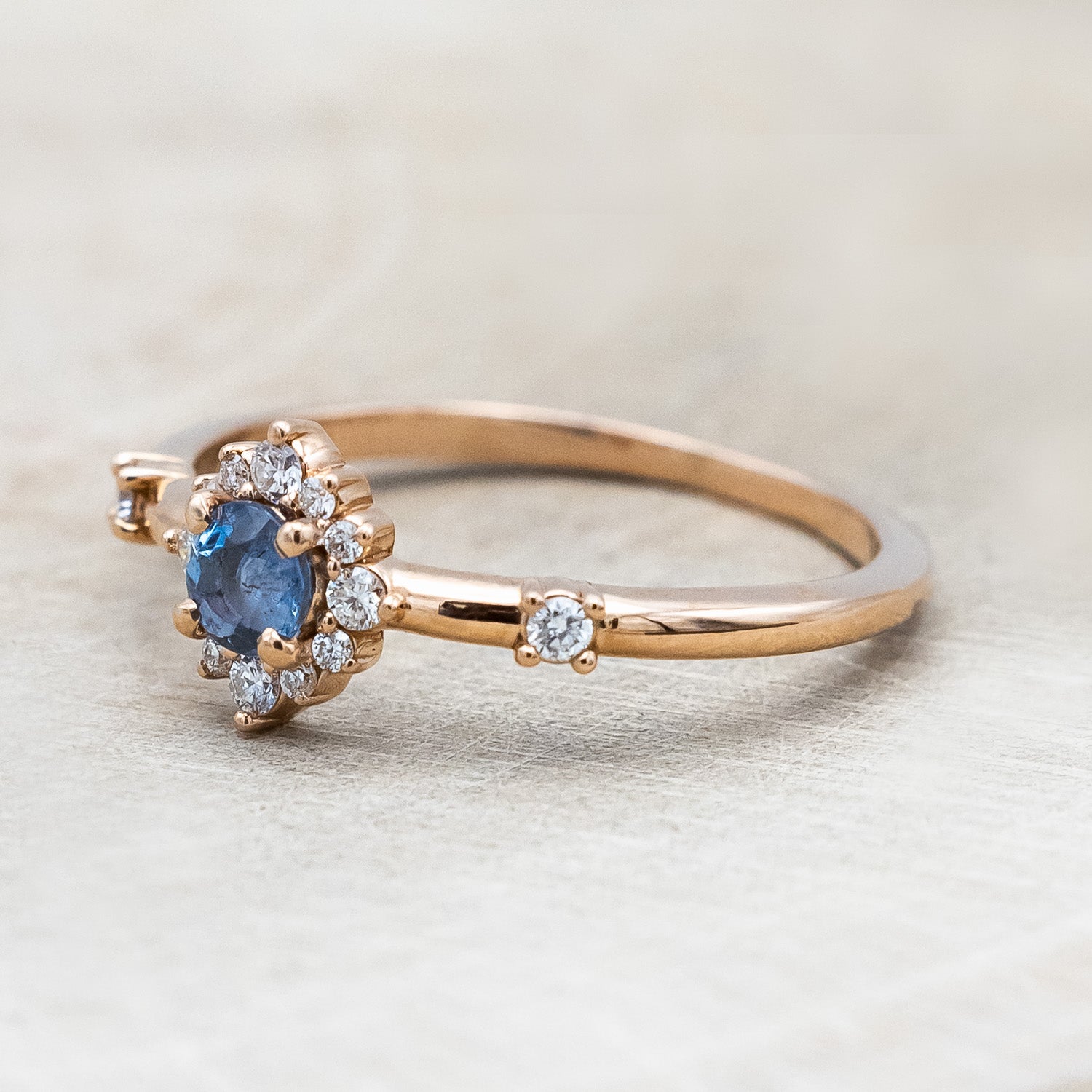 "Starla" - Aquamarine Engagement Ring With Starburst Diamond Halo & Contoured Tracer-Staghead Designs