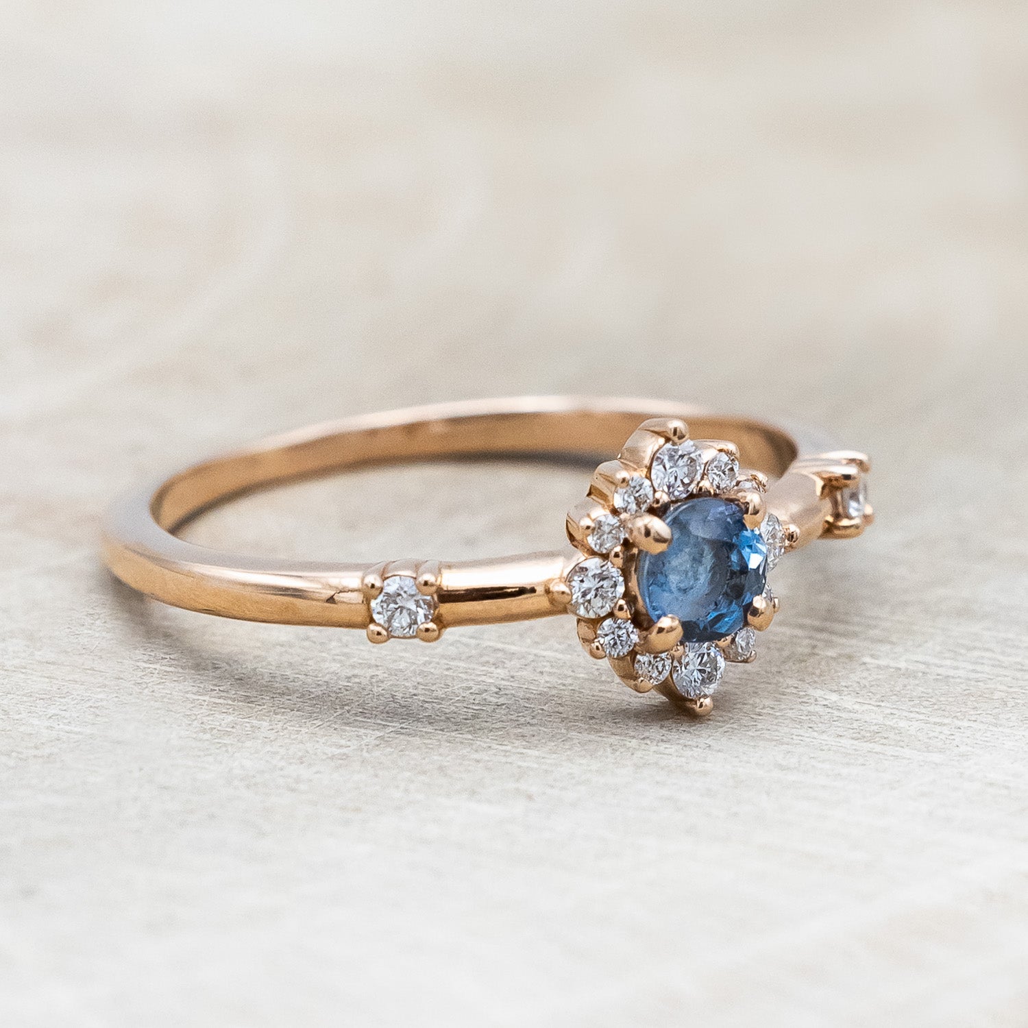 "Starla" - Aquamarine Engagement Ring With Starburst Diamond Halo & Contoured Tracer-Staghead Designs