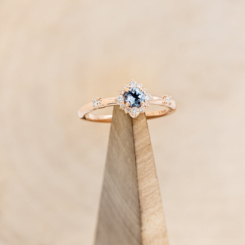 "STARLA" - ROUND CUT AQUAMARINE ENGAGEMENT RING WITH STARBURST DIAMOND HALO & TRACER-18