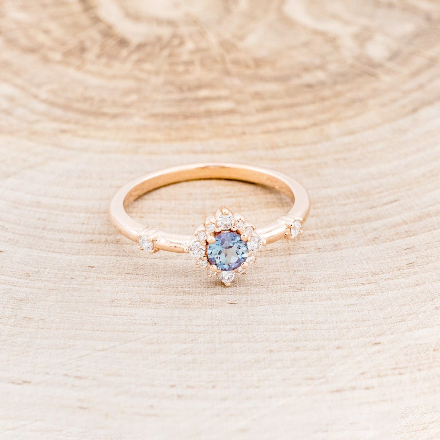 "STARLA" - ROUND CUT LAB-GROWN ALEXANDRITE ENGAGEMENT RING WITH STARBURST DIAMOND HALO-10
