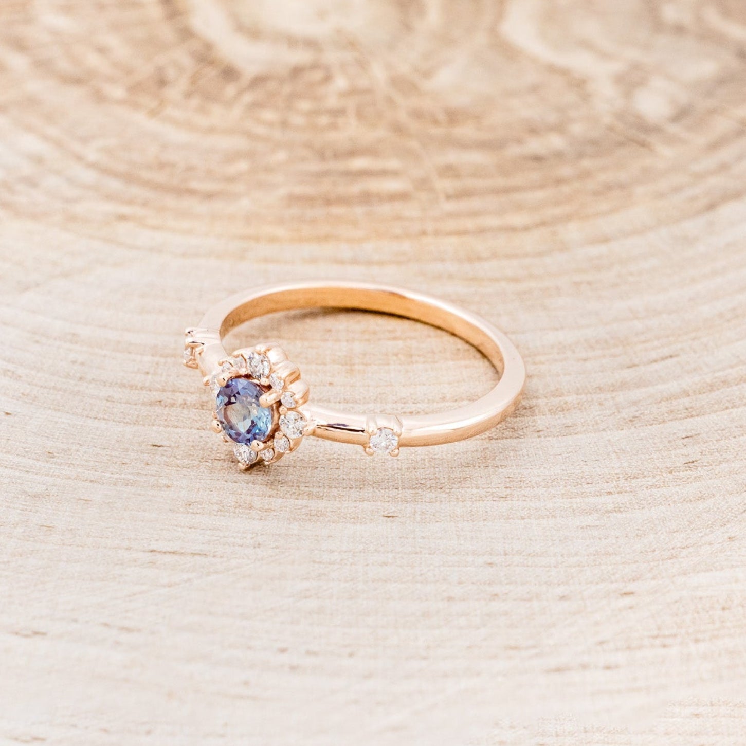 "STARLA" - ROUND CUT LAB-GROWN ALEXANDRITE ENGAGEMENT RING WITH STARBURST DIAMOND HALO-9