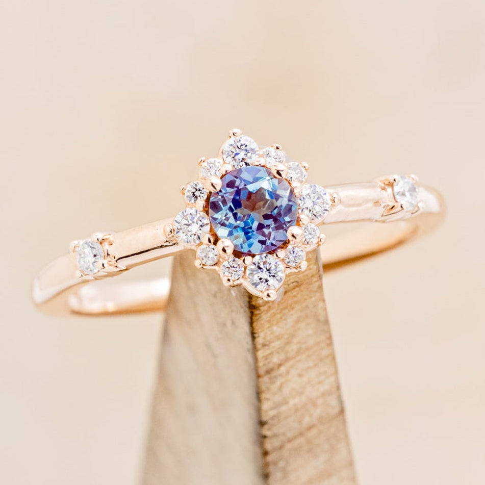 "STARLA" - ROUND CUT LAB-GROWN ALEXANDRITE ENGAGEMENT RING WITH STARBURST DIAMOND HALO-7