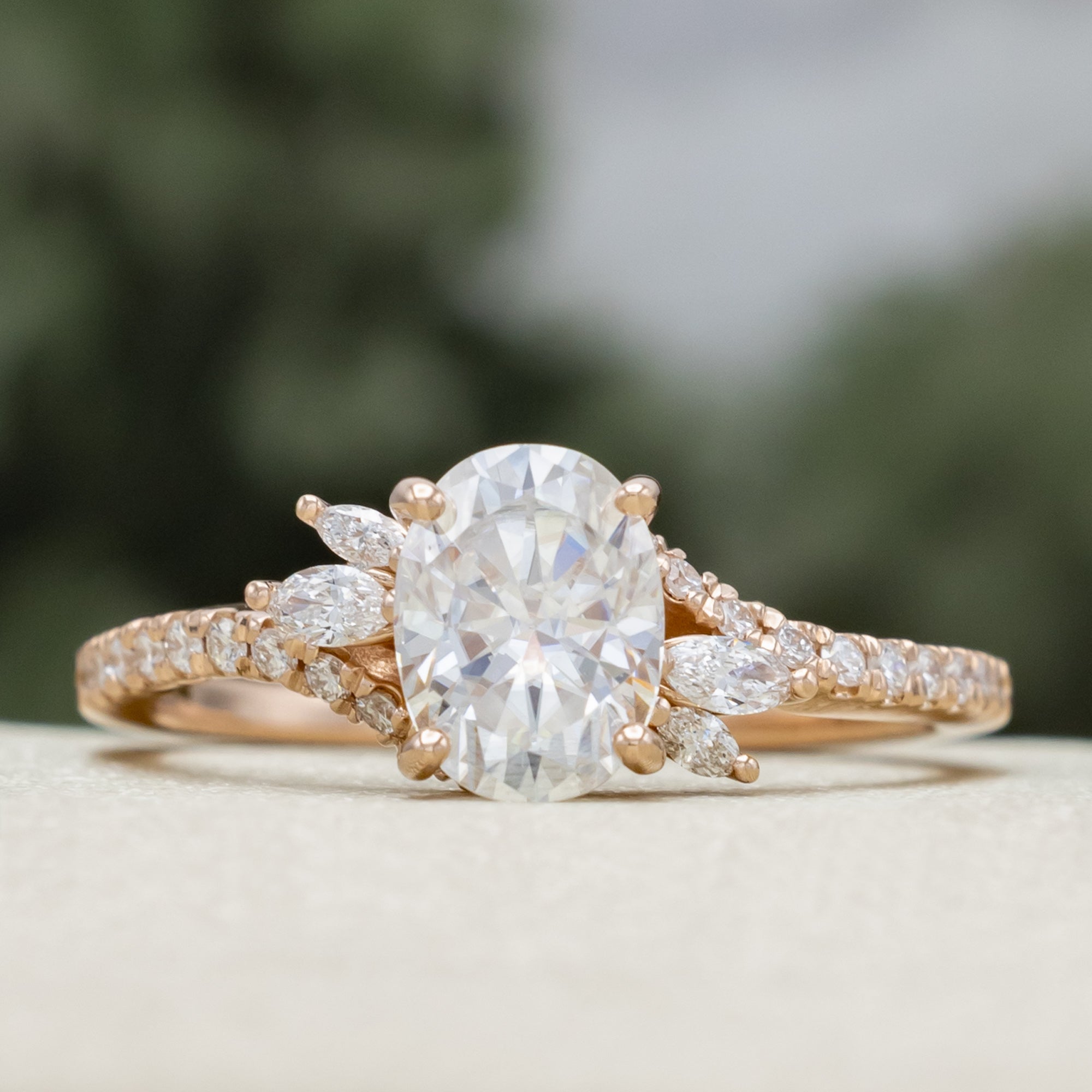 "SWAN" - OVAL CUT MOISSANITE ENGAGEMENT RING WITH DIAMOND ACCENTS-Staghead Designs