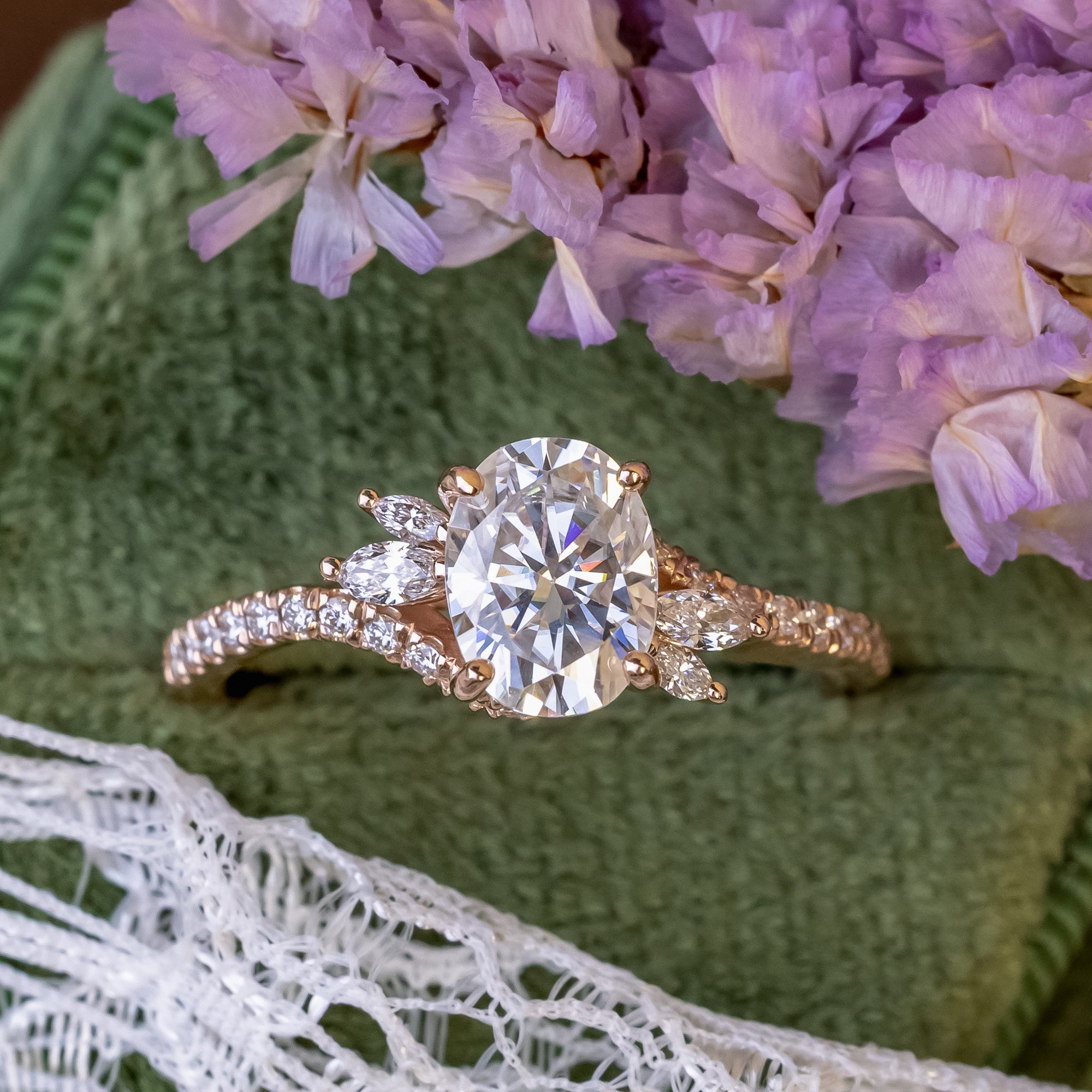 "SWAN" - OVAL CUT MOISSANITE ENGAGEMENT RING WITH DIAMOND ACCENTS-Staghead Designs