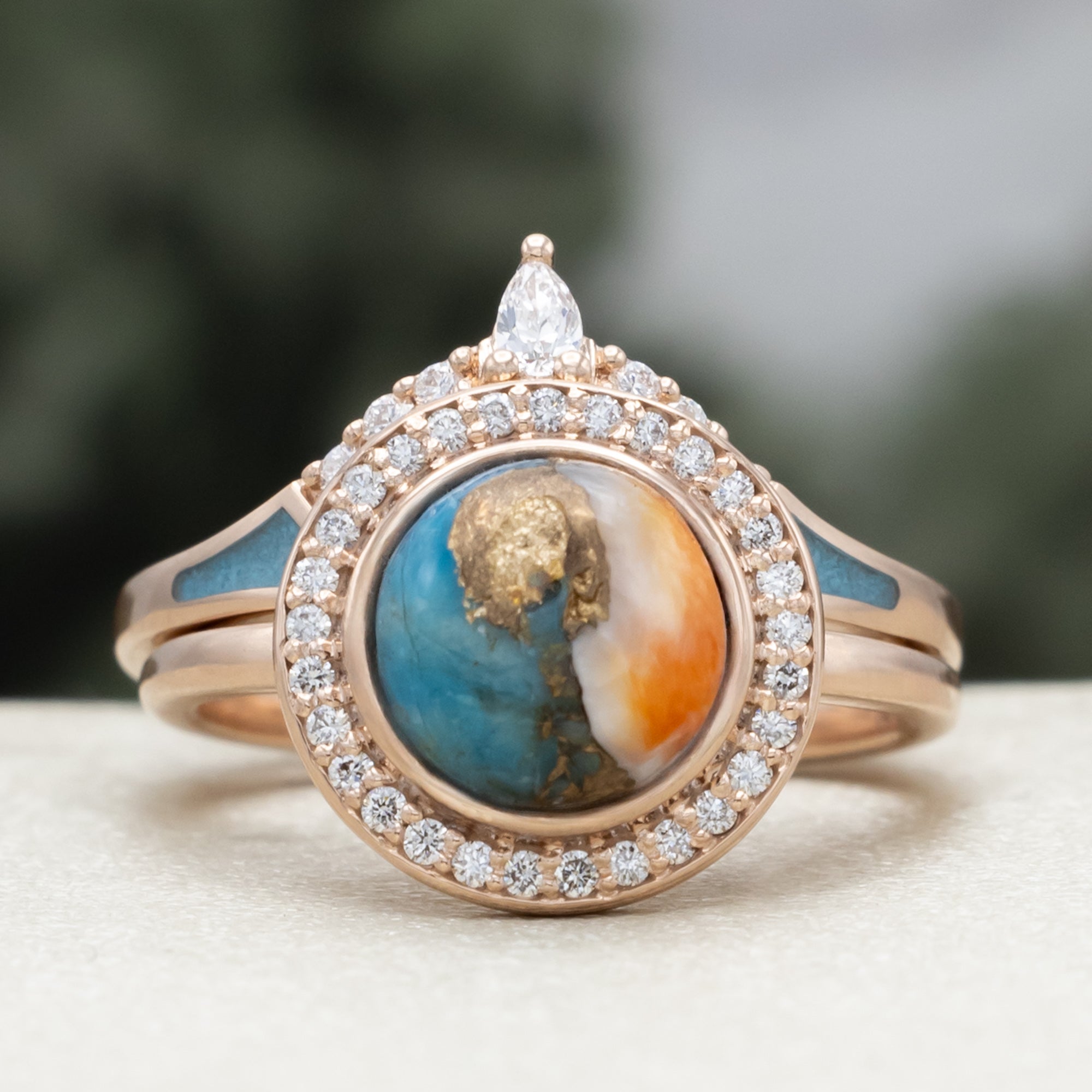 "Terra" - Bridal Suite - Round Cabochon Cut Turquoise Engagement Ring With Diamond Halo & Sama Tracers-Staghead Designs