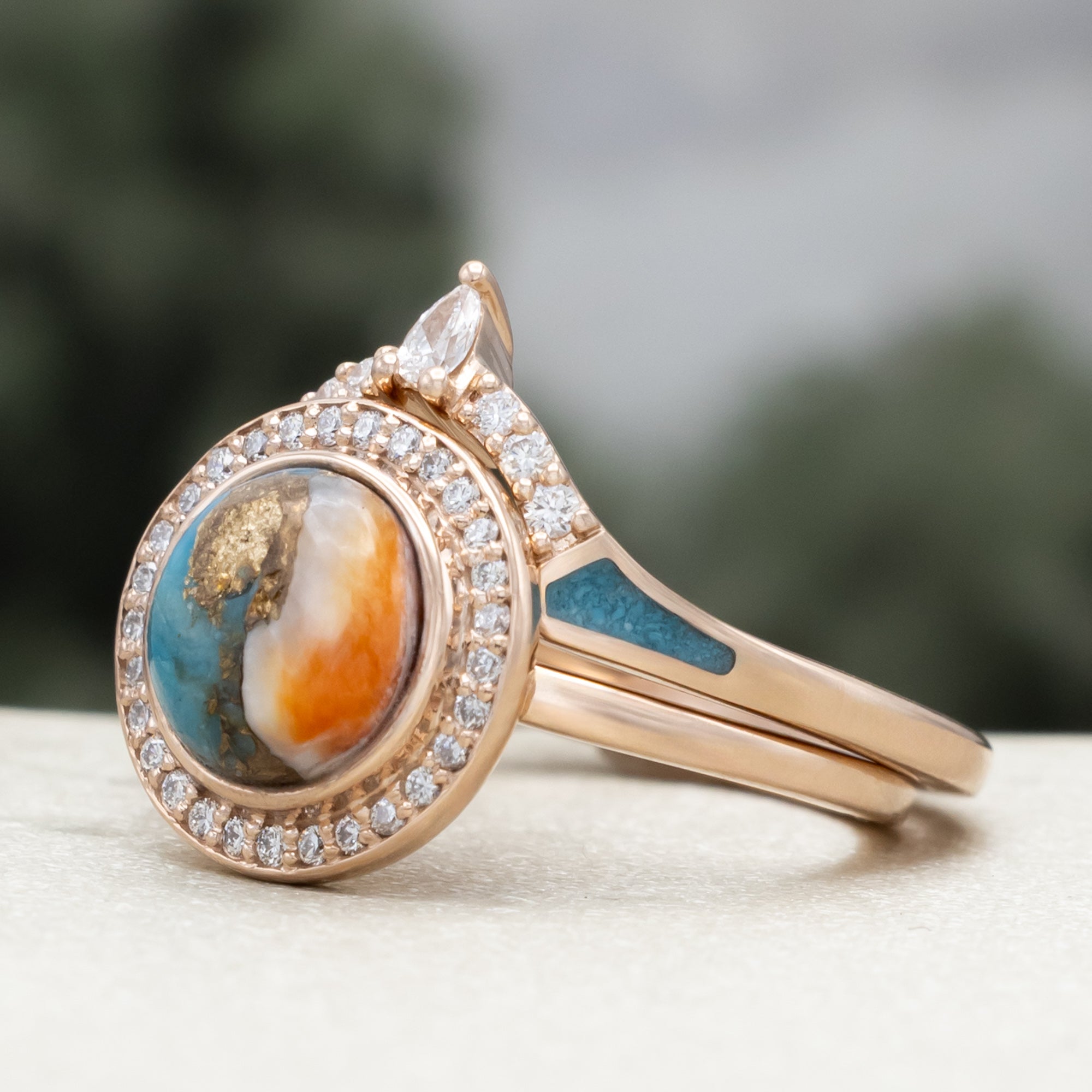 "Terra" - Bridal Suite - Round Cabochon Cut Turquoise Engagement Ring With Diamond Halo & Sama Tracers-Staghead Designs