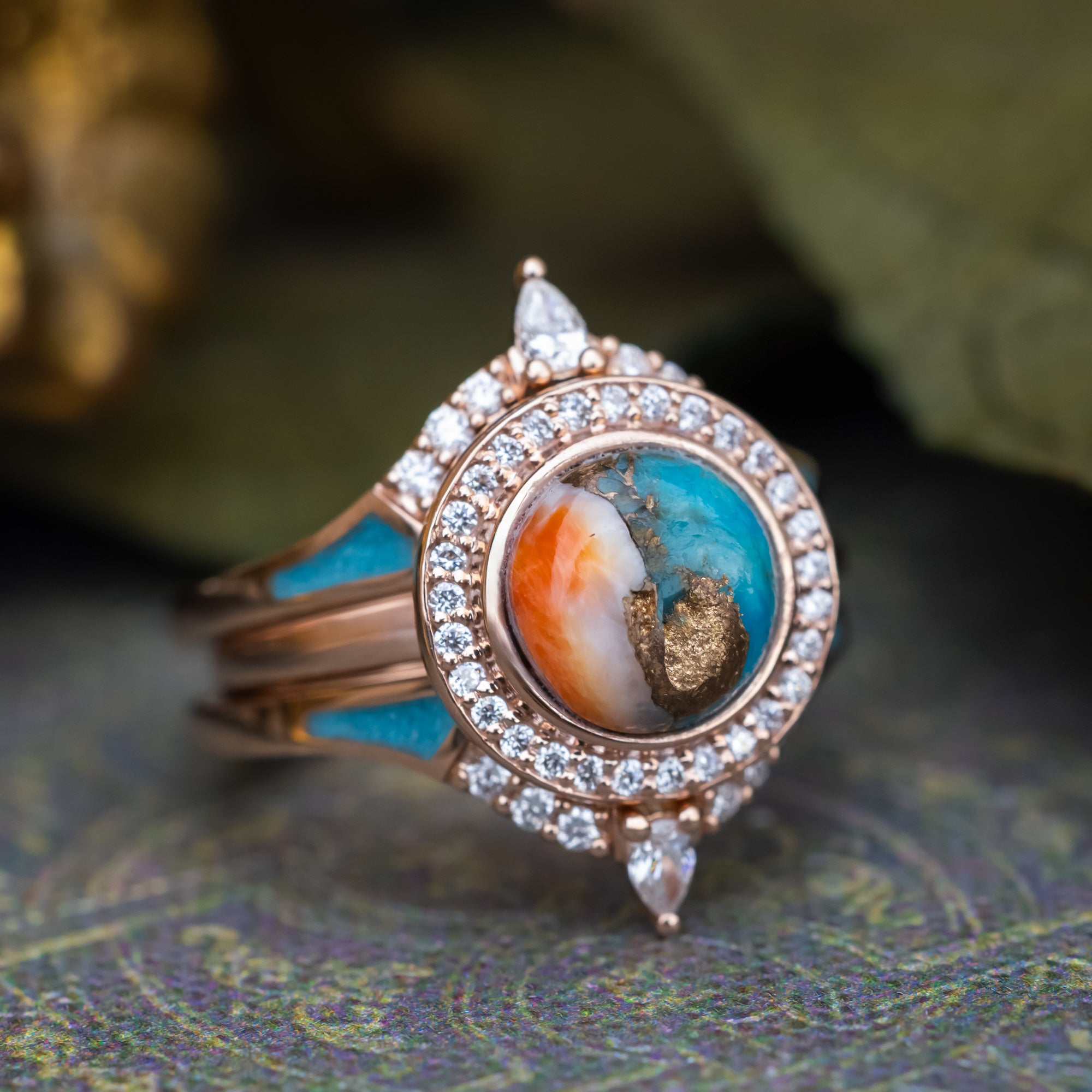"Terra" - Bridal Suite - Round Cabochon Cut Turquoise Engagement Ring With Diamond Halo & Sama Tracers-Staghead Designs