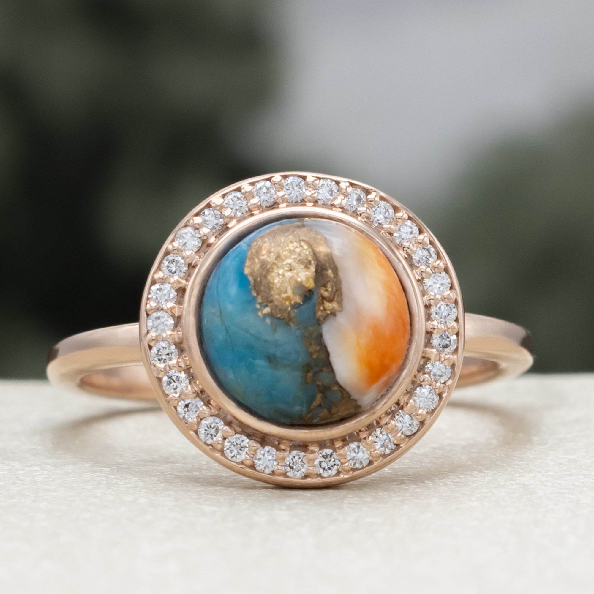 "Terra" - Bridal Suite - Round Cabochon Cut Turquoise Engagement Ring With Diamond Halo & Sama Tracers-Staghead Designs