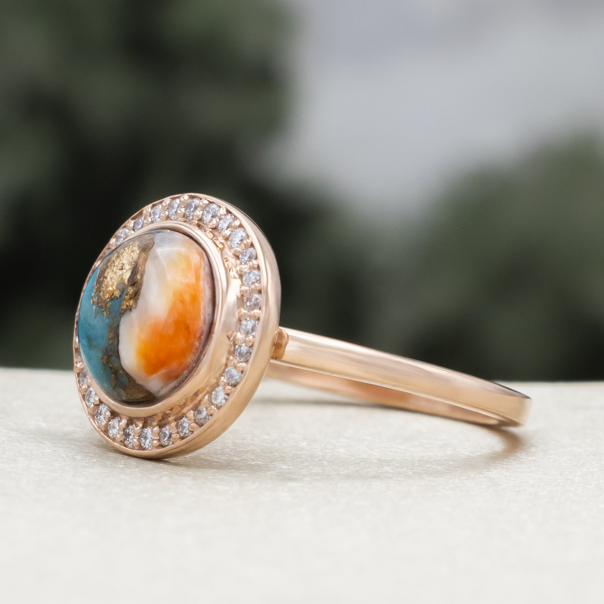 "Terra" - Bridal Suite - Round Cabochon Cut Turquoise Engagement Ring With Diamond Halo & Sama Tracers-Staghead Designs
