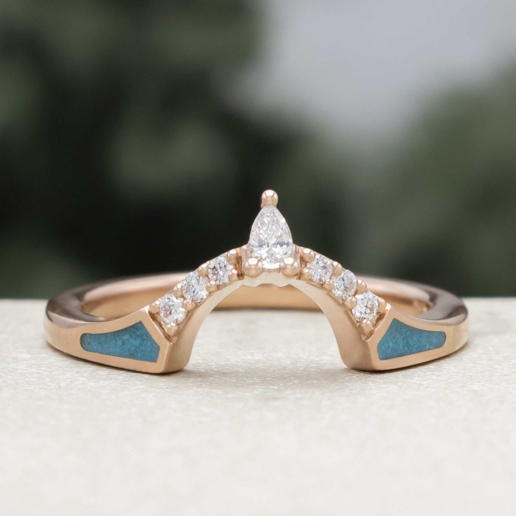 "Terra" - Bridal Suite - Round Cabochon Cut Turquoise Engagement Ring With Diamond Halo & Sama Tracers-Staghead Designs