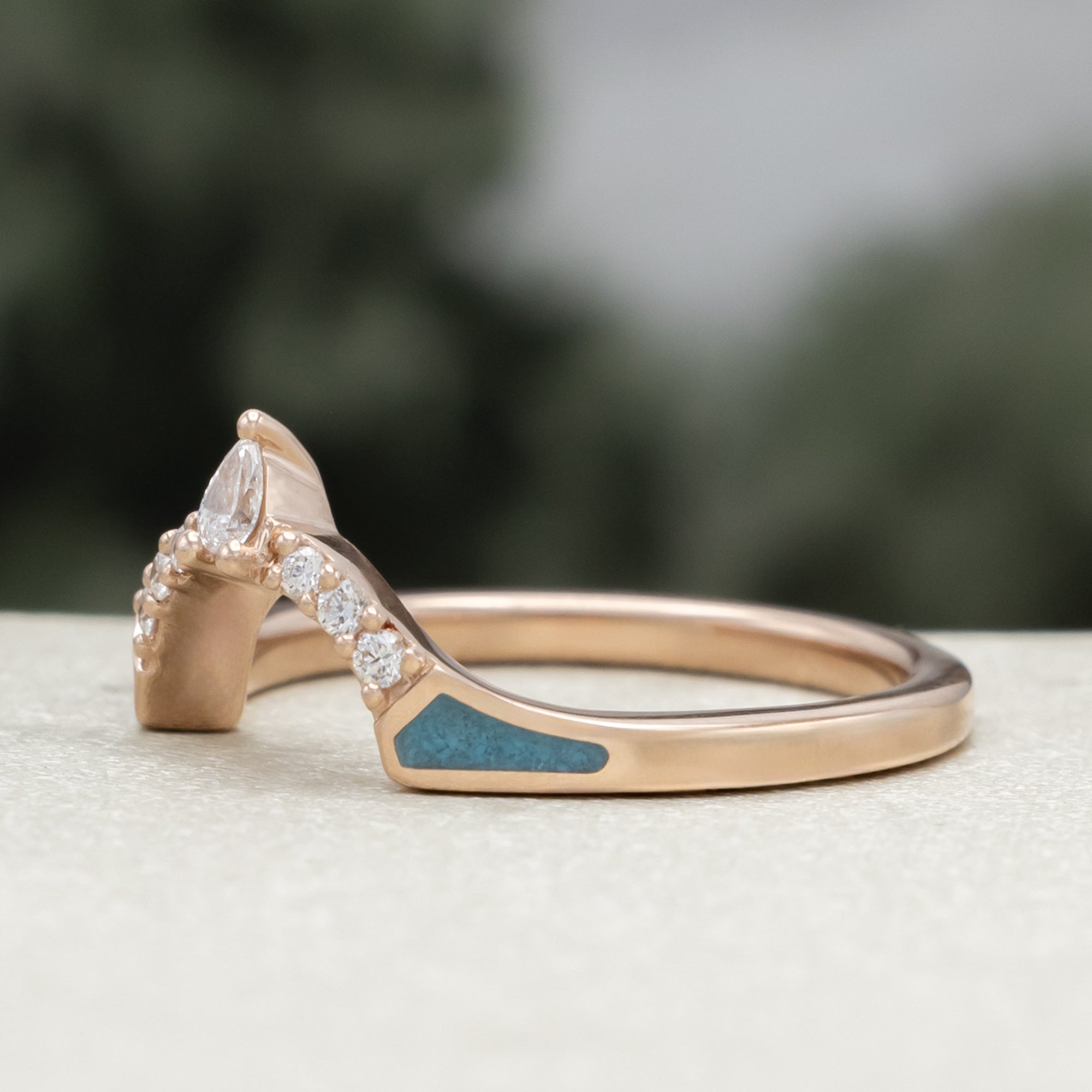 "Terra" - Bridal Suite - Round Cabochon Cut Turquoise Engagement Ring With Diamond Halo & Sama Tracers-Staghead Designs