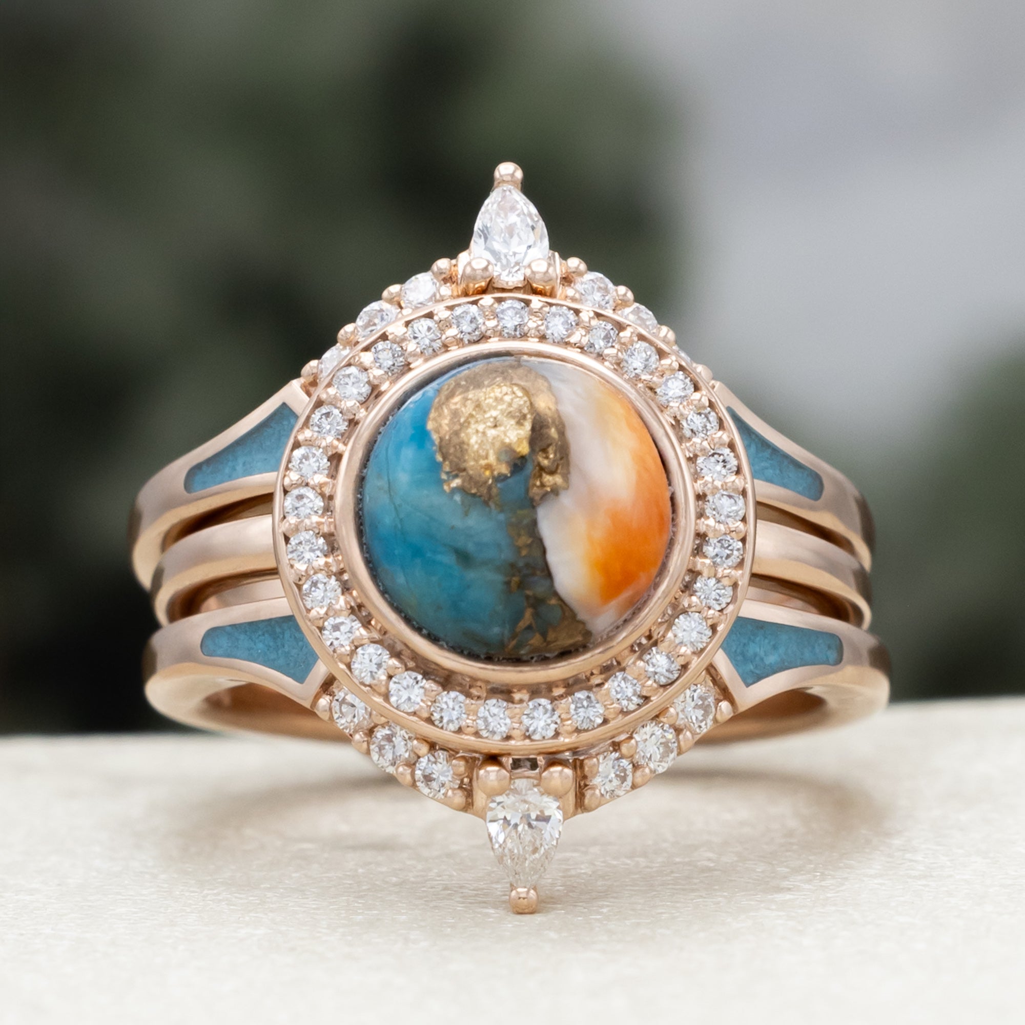 "Terra" - Bridal Suite - Round Cabochon Cut Turquoise Engagement Ring With Diamond Halo & Sama Tracers-Staghead Designs