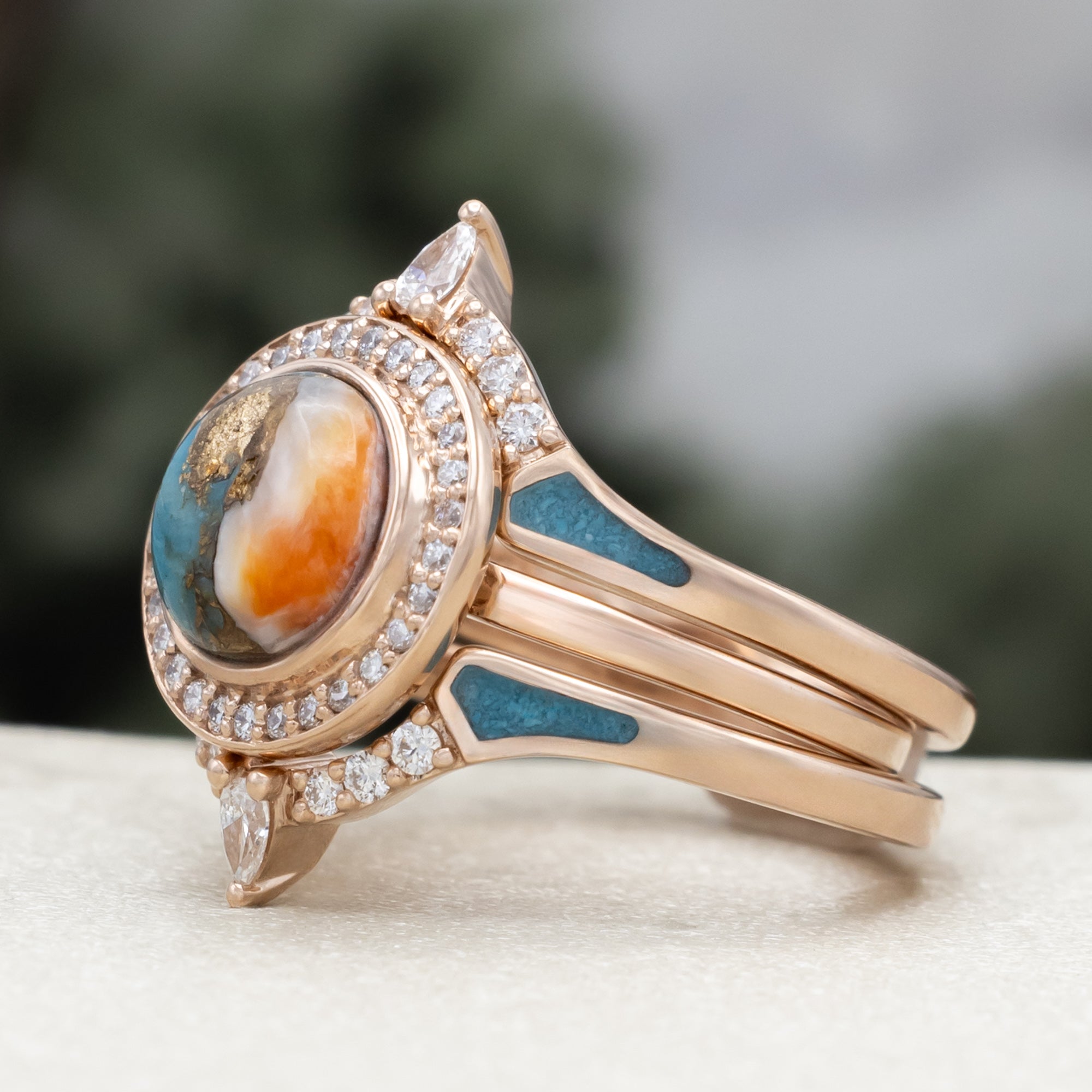 "Terra" - Bridal Suite - Round Cabochon Cut Turquoise Engagement Ring With Diamond Halo & Sama Tracers-Staghead Designs