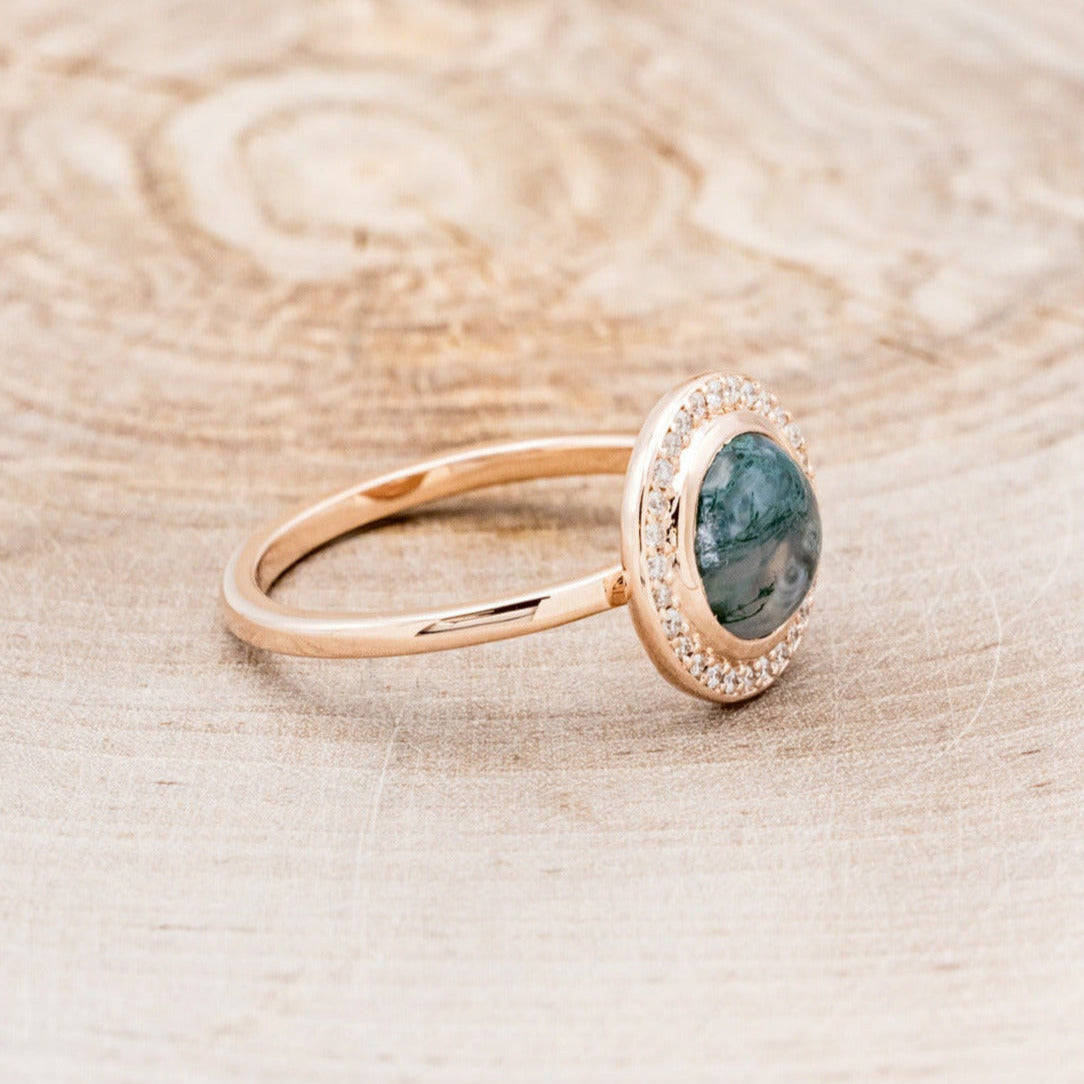 "TERRA" - ROUND CUT MOSS AGATE ENGAGEMENT RING WITH DIAMOND HALO-2