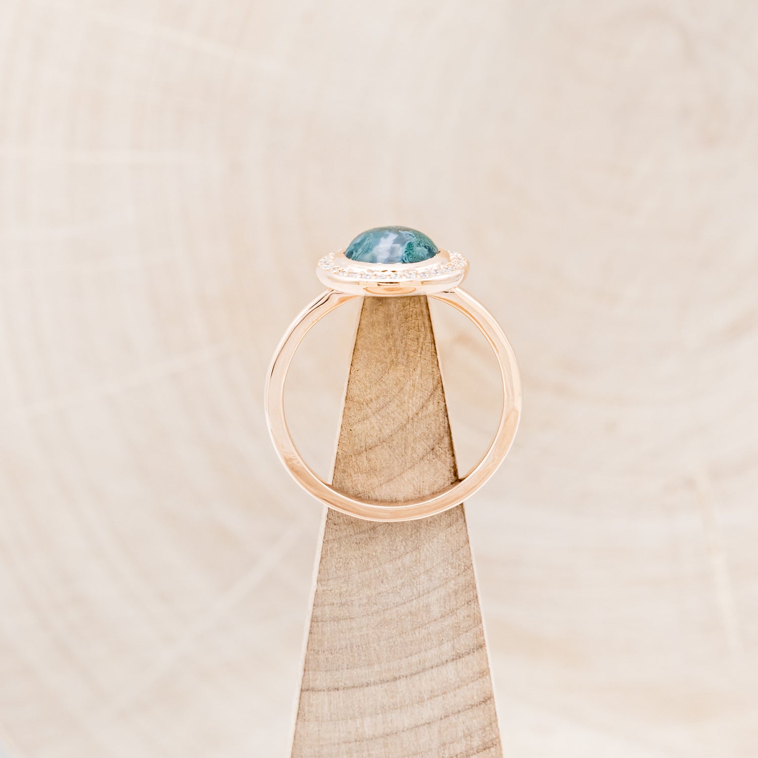 "TERRA" - ROUND CUT MOSS AGATE ENGAGEMENT RING WITH DIAMOND HALO-6