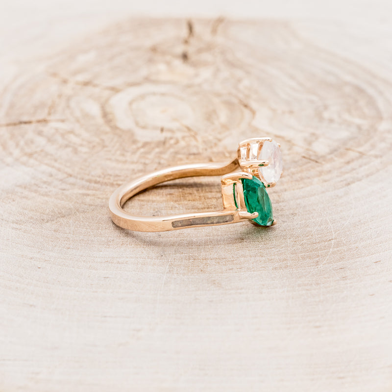 "JOSEPHINE" - TOI ET MOI MARQUISE-SHAPED LAB-GROWN EMERALD ENGAGEMENT RING WITH MOONSTONE ACCENT & FIRE & ICE OPAL INLAYS-2