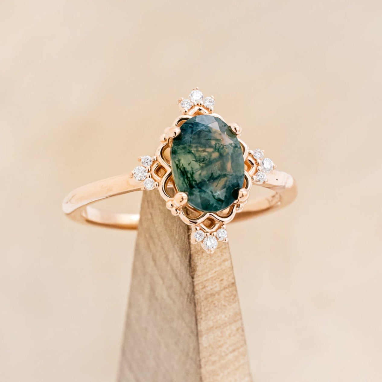 "TREVA" - OVAL MOSS AGATE ENGAGEMENT RING WITH DIAMOND ACCENTS & "MELODY" TRACER-6