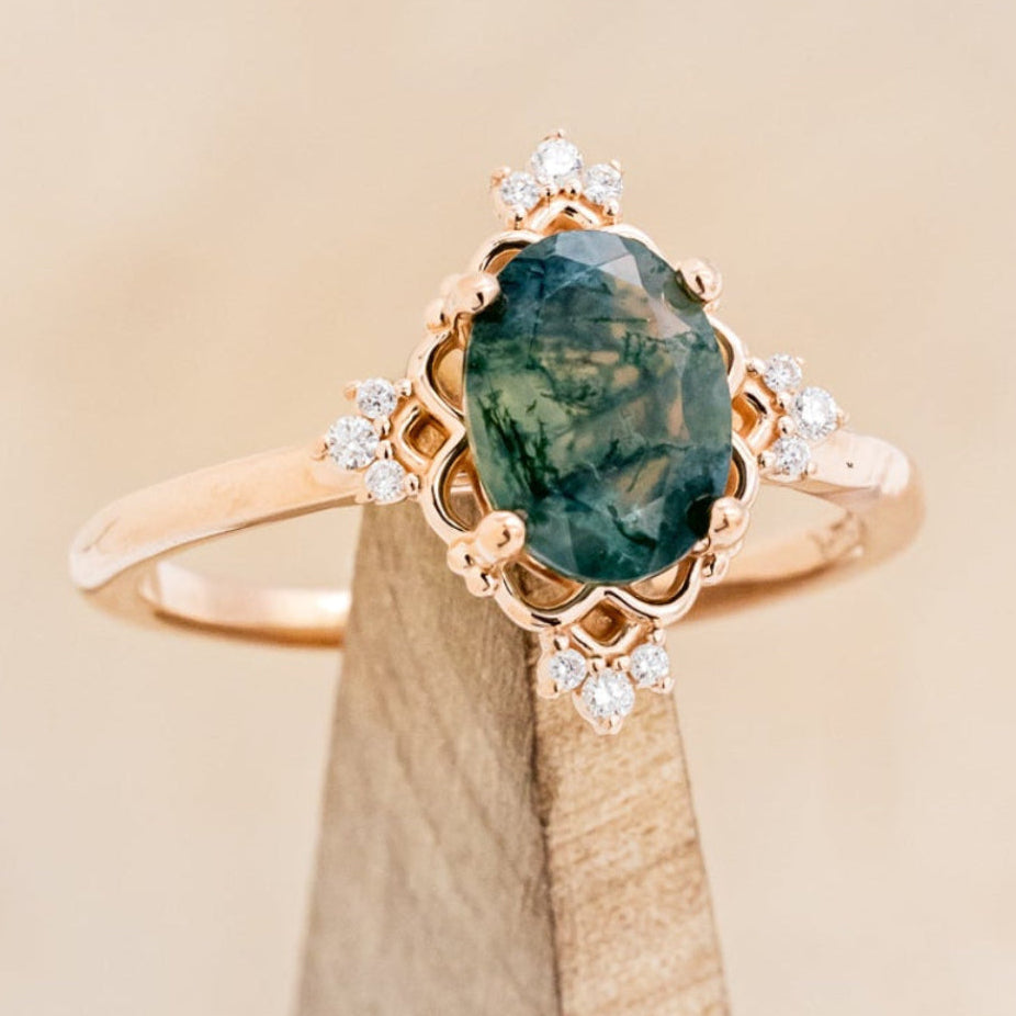 "TREVA" - OVAL MOSS AGATE ENGAGEMENT RING WITH DIAMOND ACCENTS & "MELODY" TRACER-6