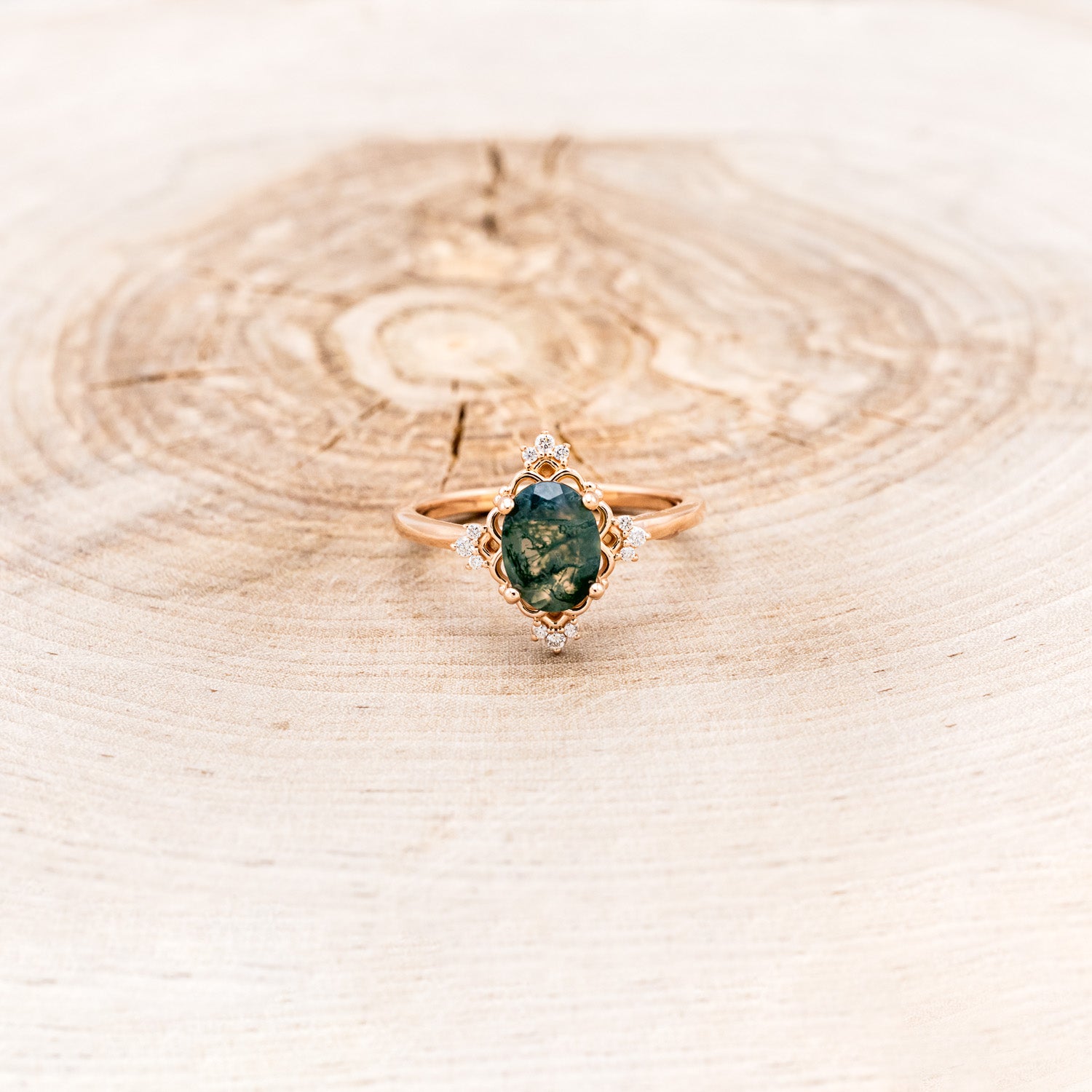 "TREVA" - OVAL MOSS AGATE ENGAGEMENT RING WITH DIAMOND ACCENTS & "MELODY" TRACER-9