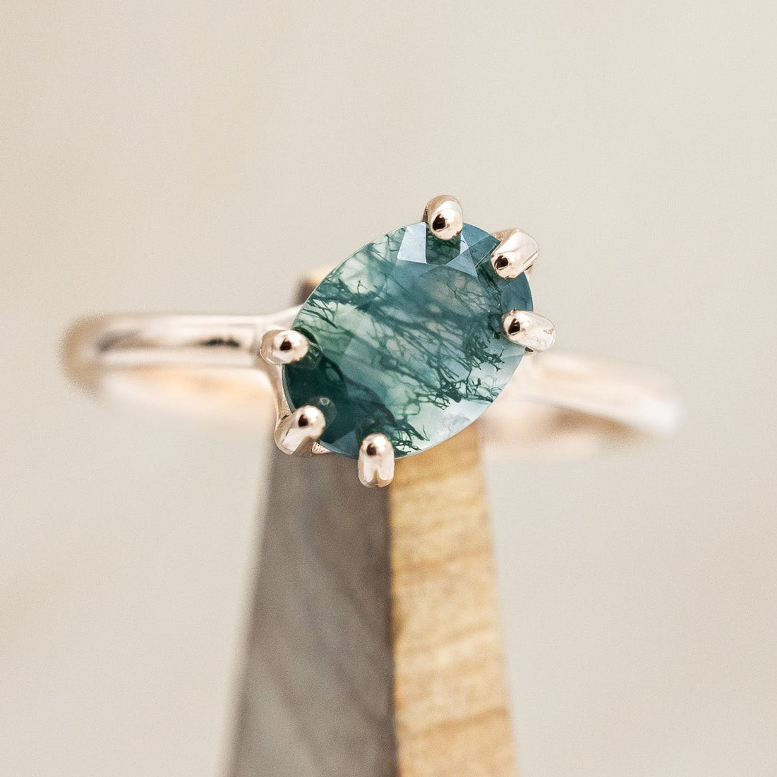"TULIP" - DIAGONAL SET OVAL MOSS AGATE SOLITAIRE ENGAGEMENT RING-Staghead Designs