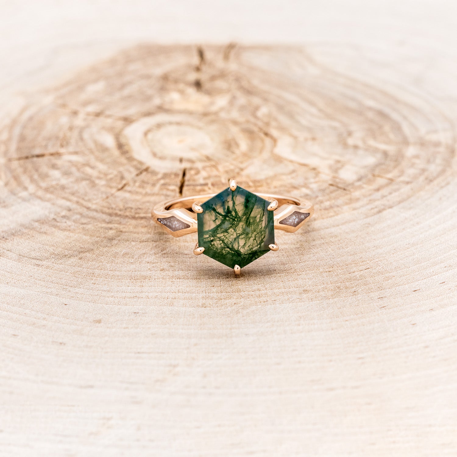 "LOVE STORY" - HEXAGON MOSS AGATE ENGAGEMENT RING WITH DIAMOND DUST INLAYS-4